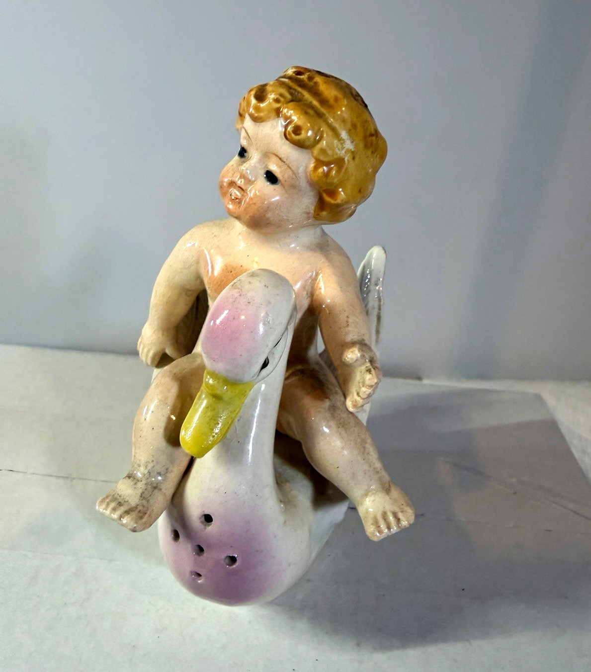 J.J. Newberry Co. Vintage Cherub Riding Swan Ceramic S & P w/ Stoppers Japan