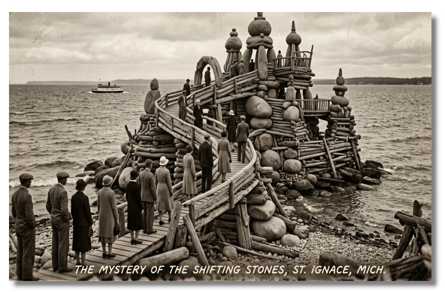 Vintage‑STYLE NEW ART 1930\'s RPPC-MYSTERY SHIFTING STONES-ST. IGNACE MICH-FAUX