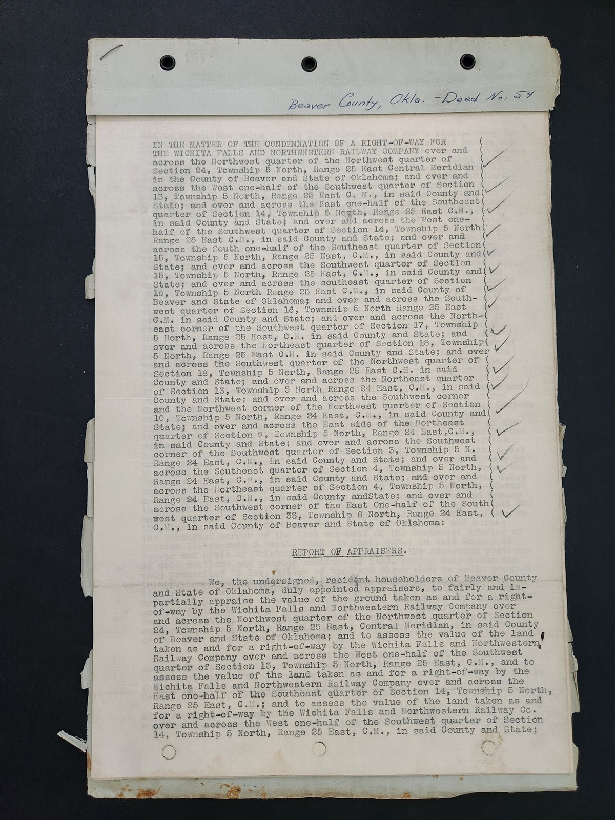 1912 antique RAILWAY RIGHT-OF-WAY beaver ok DEED WICHITA FALLS NORTHWESTERN RR