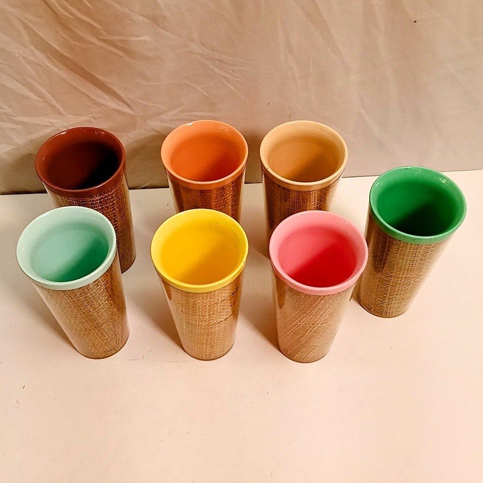 Vintage MCM Raffiaware Insulated Tumblers Set Of 7 Retro 1950's Tiki