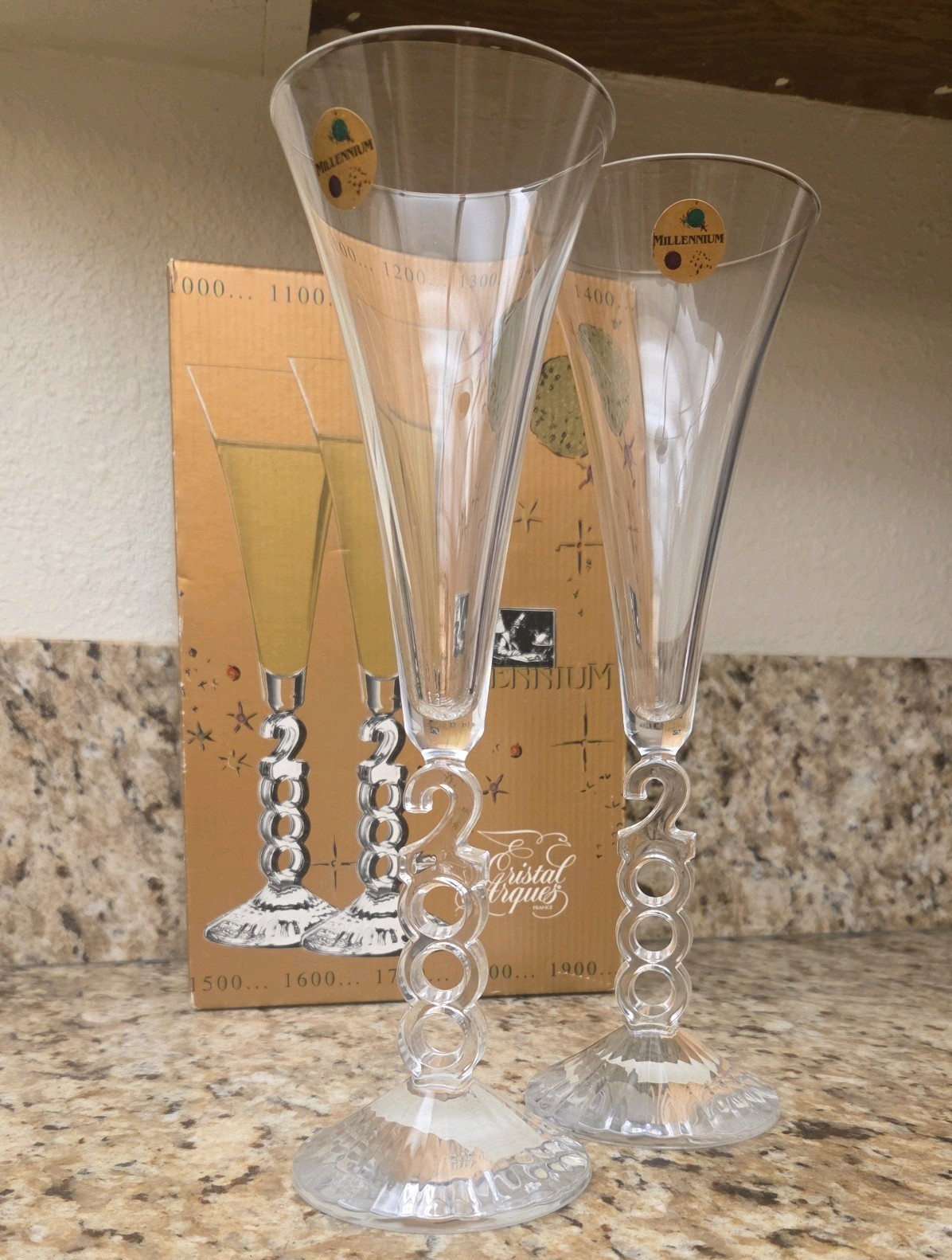 Cristal d'Arques Millennium 2000 Commemorative Champagne Flutes Set of 2