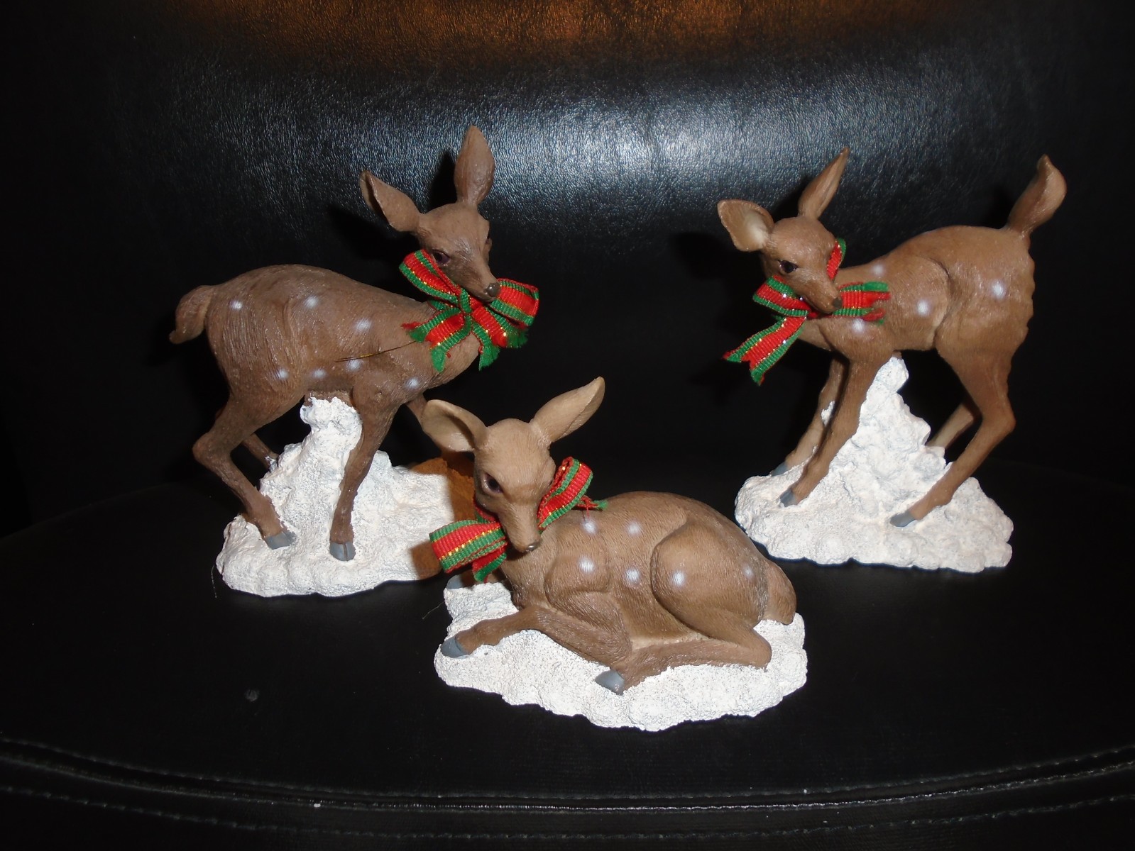 SET OF 3 RESIN DEER FIGURINES WITH RED & GREEN BOWS