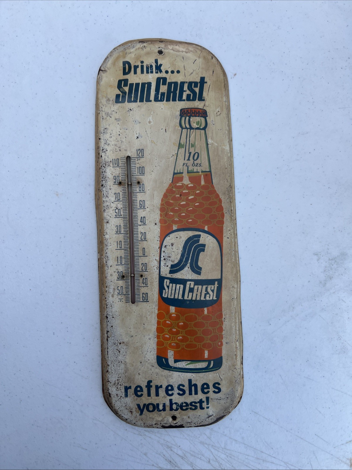Vintage 1950s Sun Crest Orange Soda Metal Thermometer Sign Tin Advertising 16”