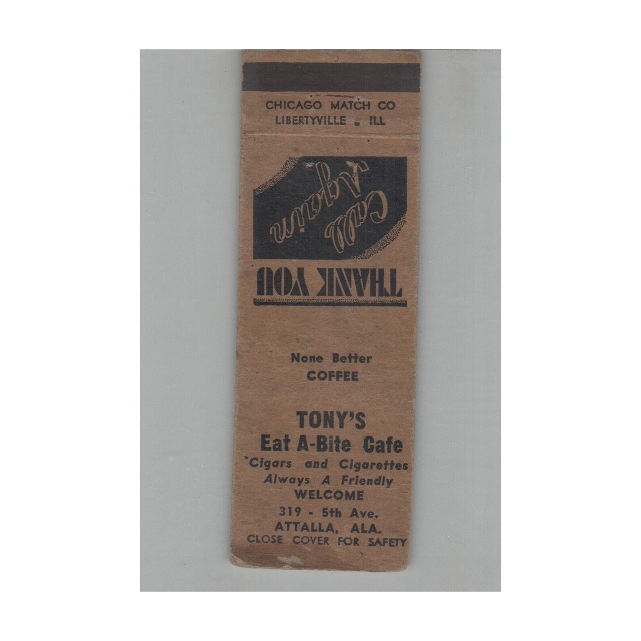 Tony\'s Eat-Al-Bite Cafe Matchbook Cover Attalla AL