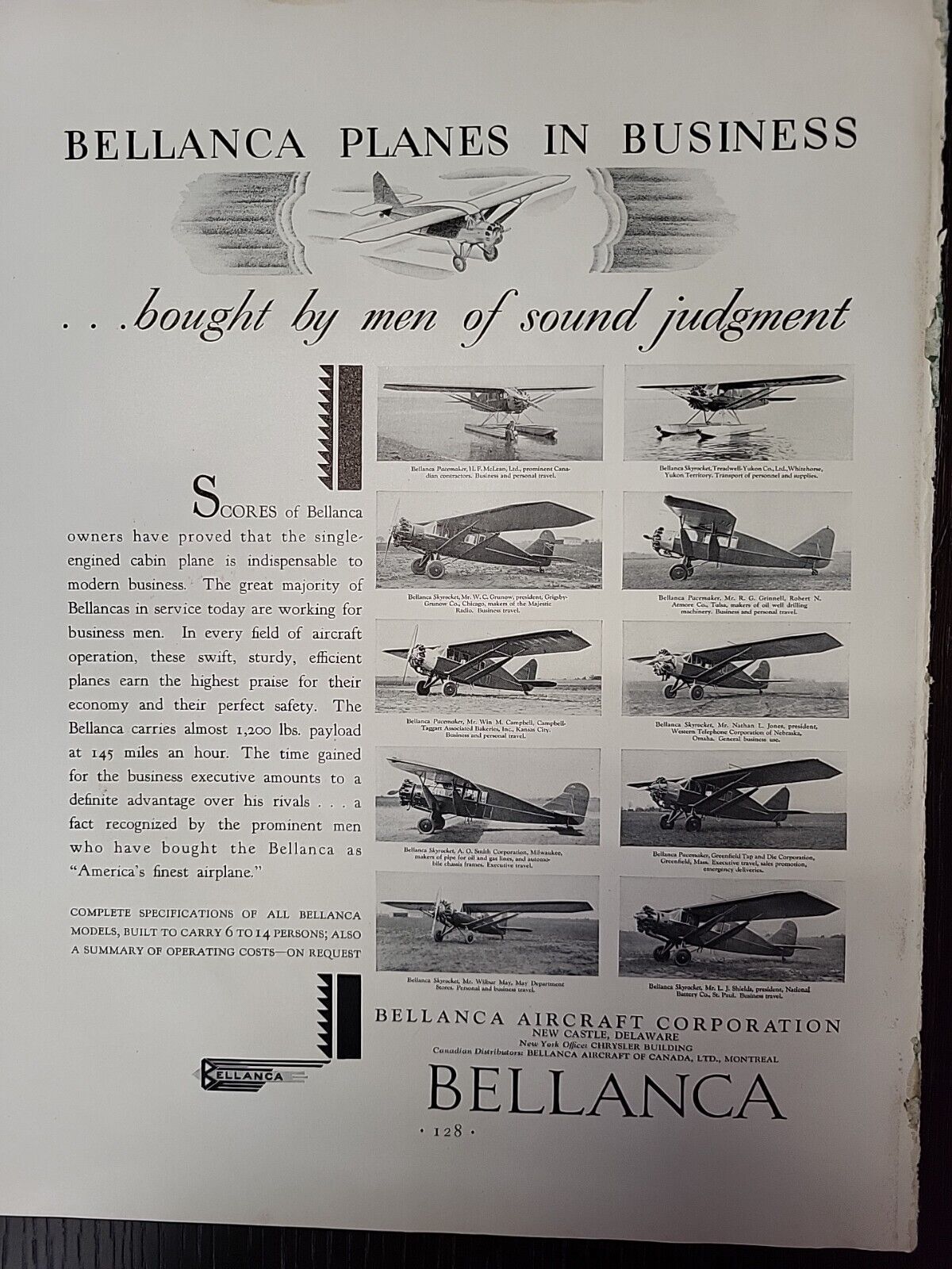 1930 Fortune Magazine Bellanca Aircraft Aiplanes Print Advertising Tearsheet