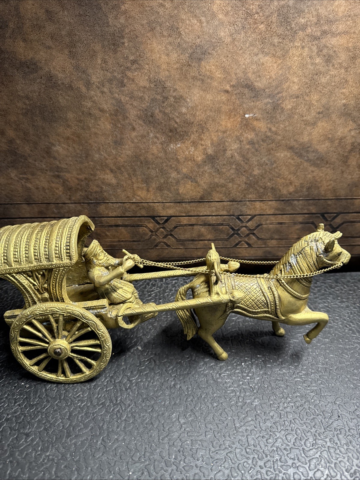 Vtg  Cast Metal Brass Plated Ghoda Gaadi Horse Cart Chariot Statue Heavy 7 Lbs