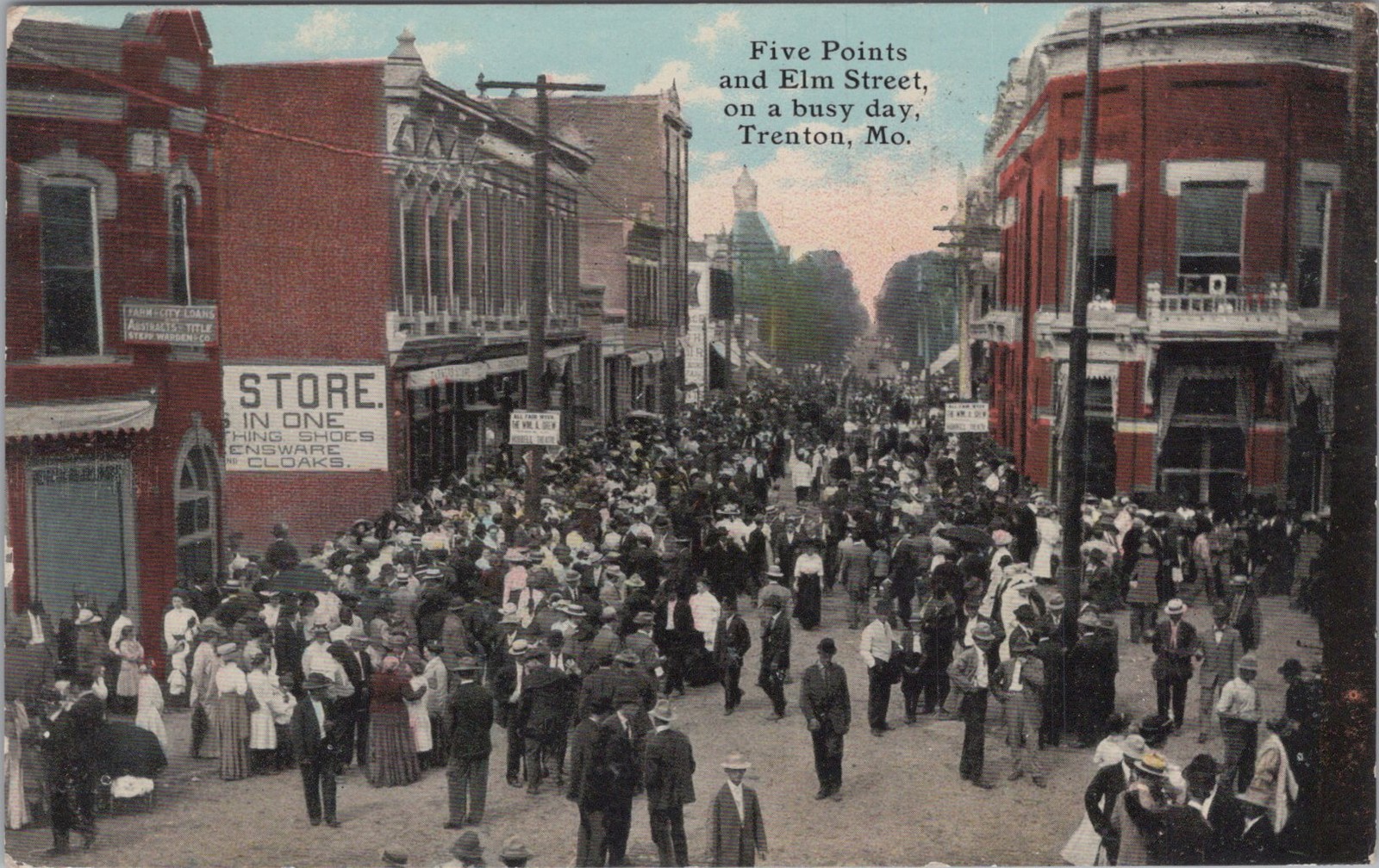 Five Points Elm Street Trenton Missouri MO Crowd Storefront Kress 1911 Postcard