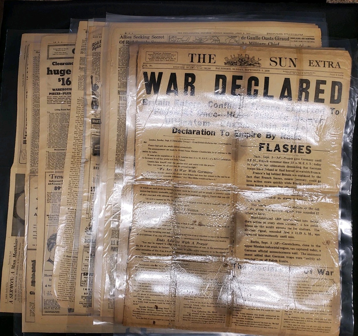 VTG WW2 Newspaper Pages 1939 1944 Philadelphia Enquirer Baltimore Sun Laminated VTG WW2 Newspaper Pages 1939 1944 Philadelphia Enquirer Baltimore Sun Laminated