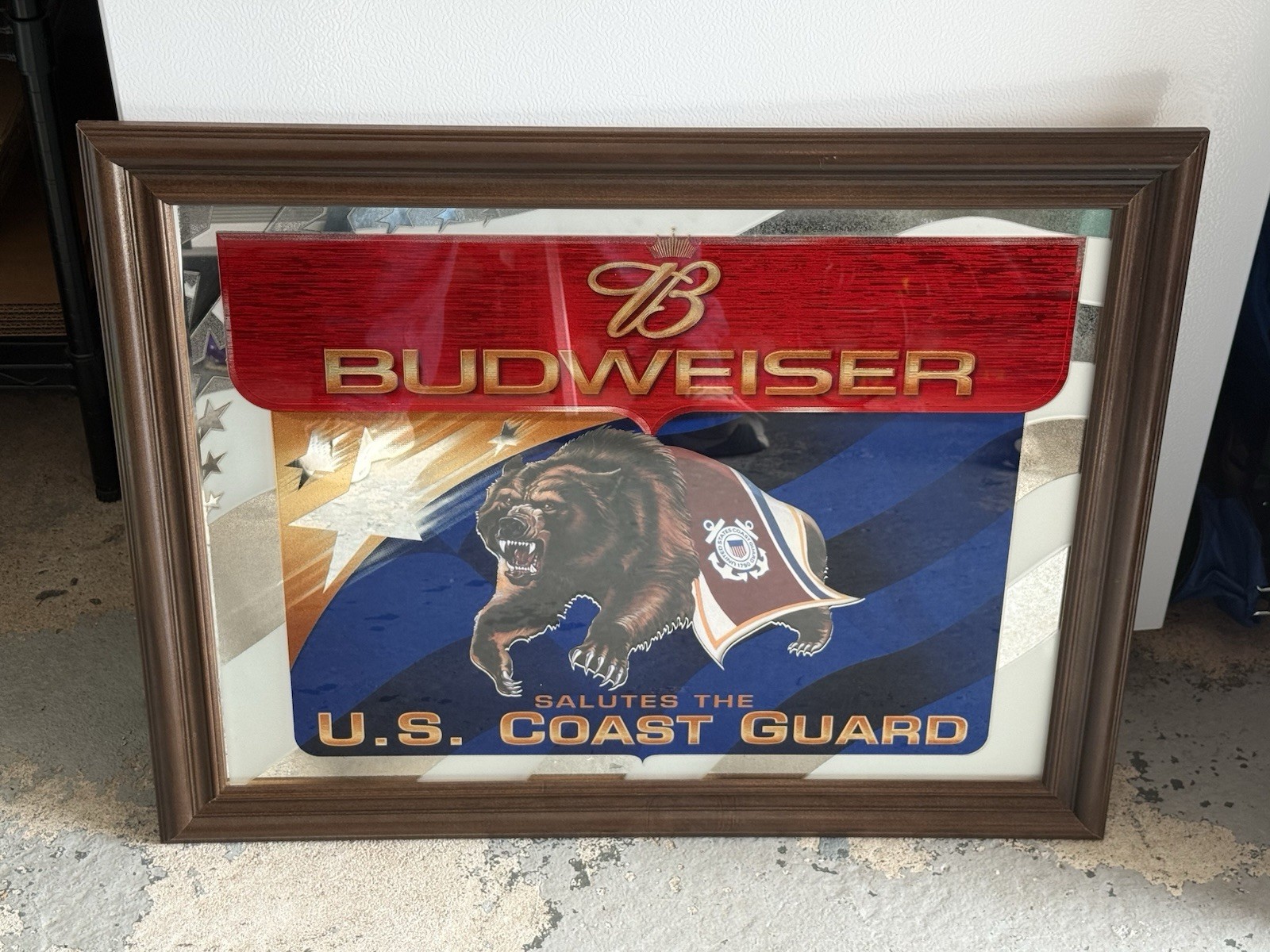 Vintage Budweiser Salutes U.S. Coast Guard Bear Mirror Wooden Frame 22