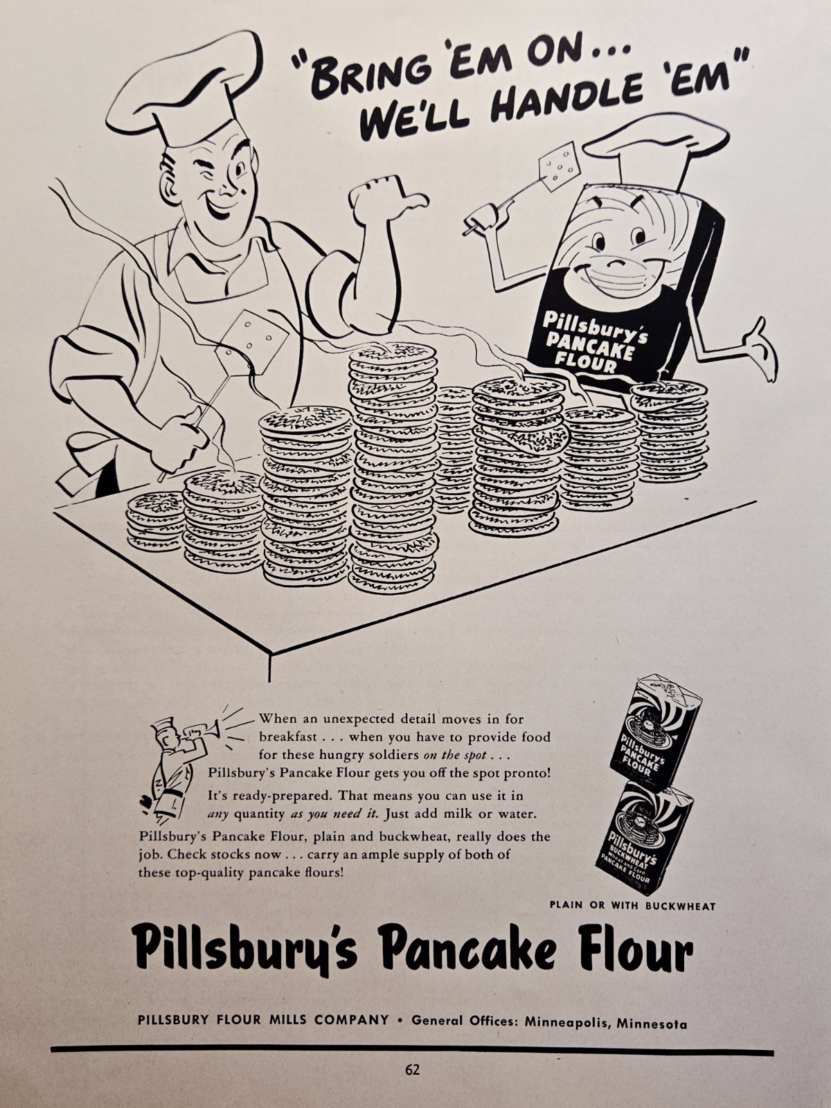 1943 Pillsbury\'s Pancake Flour Print Ad for Hungry Soldiers Anthropomorphic Sack