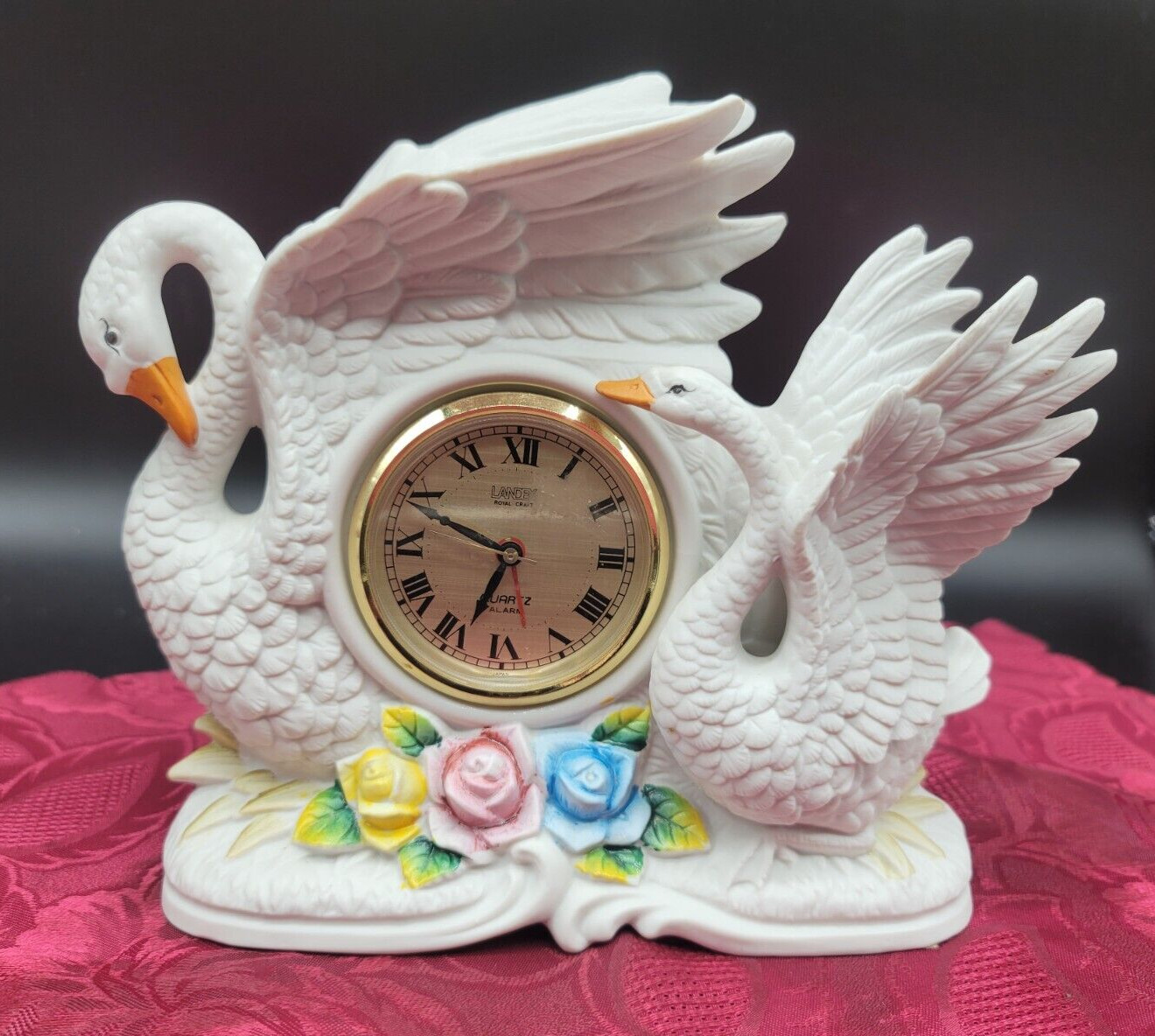 Vintage Landex Mantle Clock Porcelain 2 Swan (not working) Figurines are Perfect