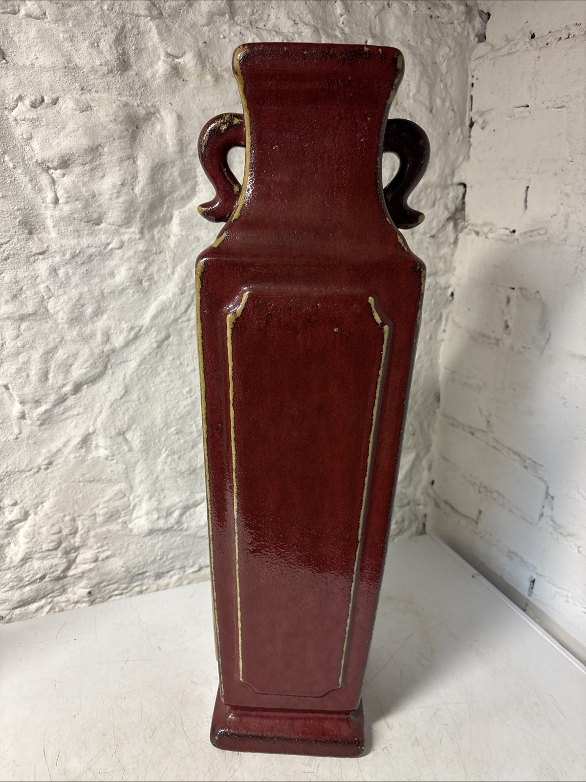 Large Ceramic Vase Brown Red Glaze Twin Handles Asian Style Modern 22.5 In Tall