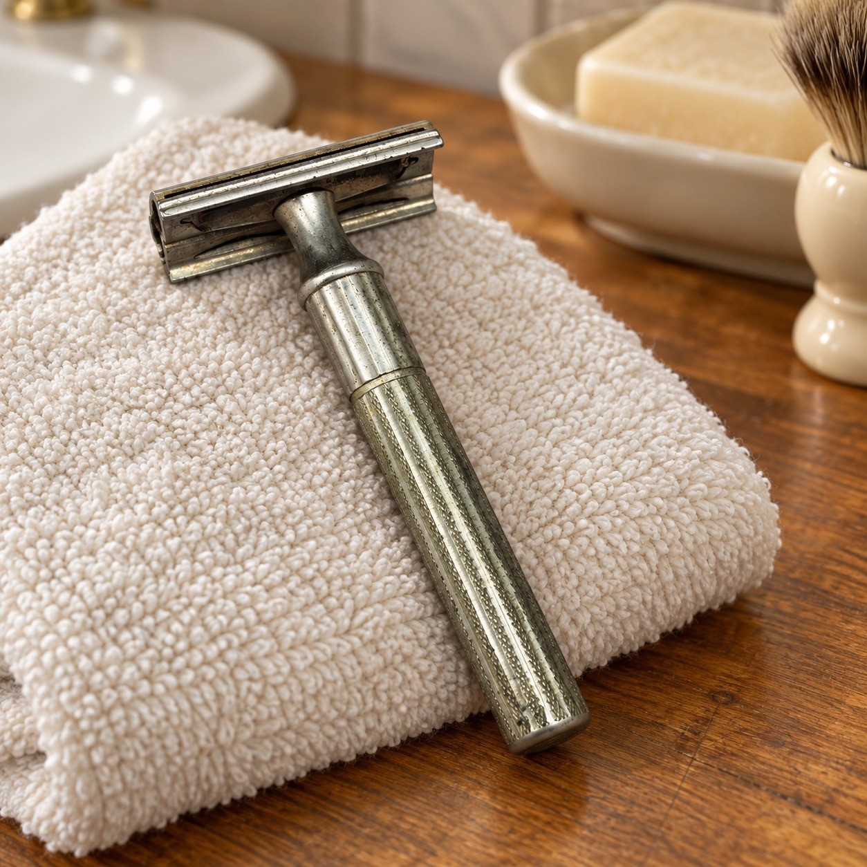 Vintage Gillette Three Piece Safety Razor Silver Tone Knurled Handle Made in USA