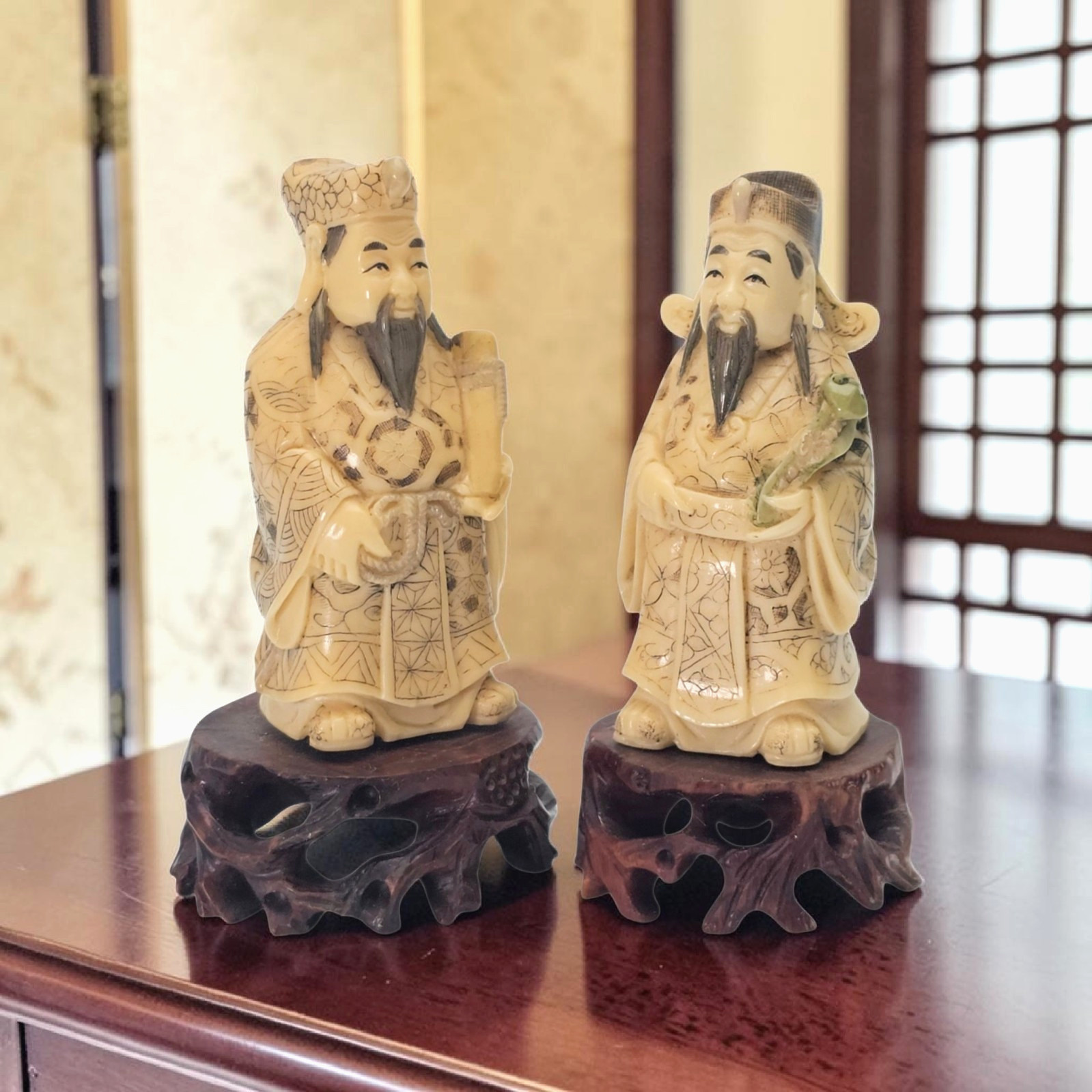 VTG Chinese Finely Carved Resin Scholar Deity Figures Pair Wood Stands 3.25