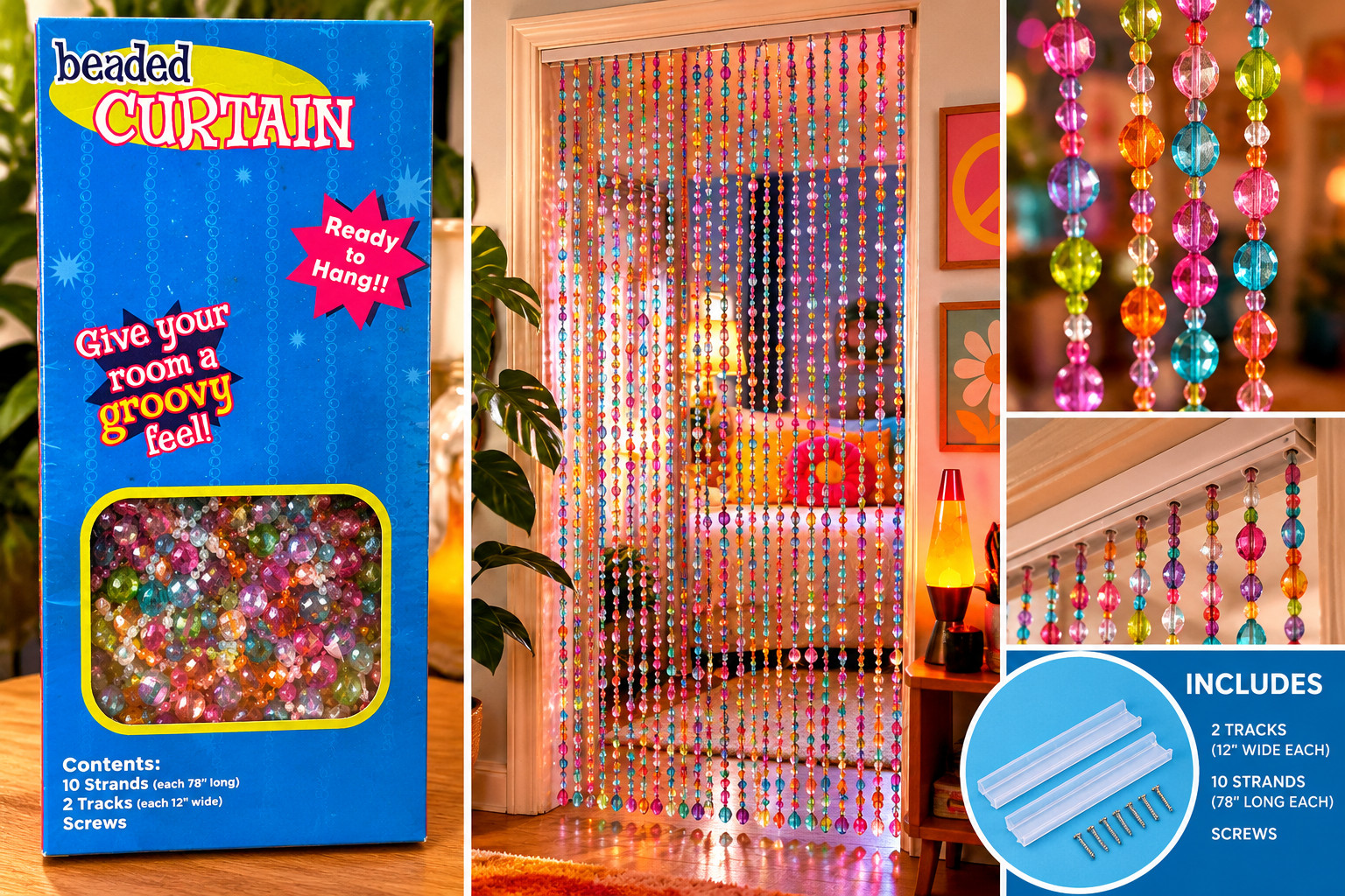 Vintage Y2K Beaded Curtain 10 Strands 78” Groovy Multicolor NEW SEALED NOS