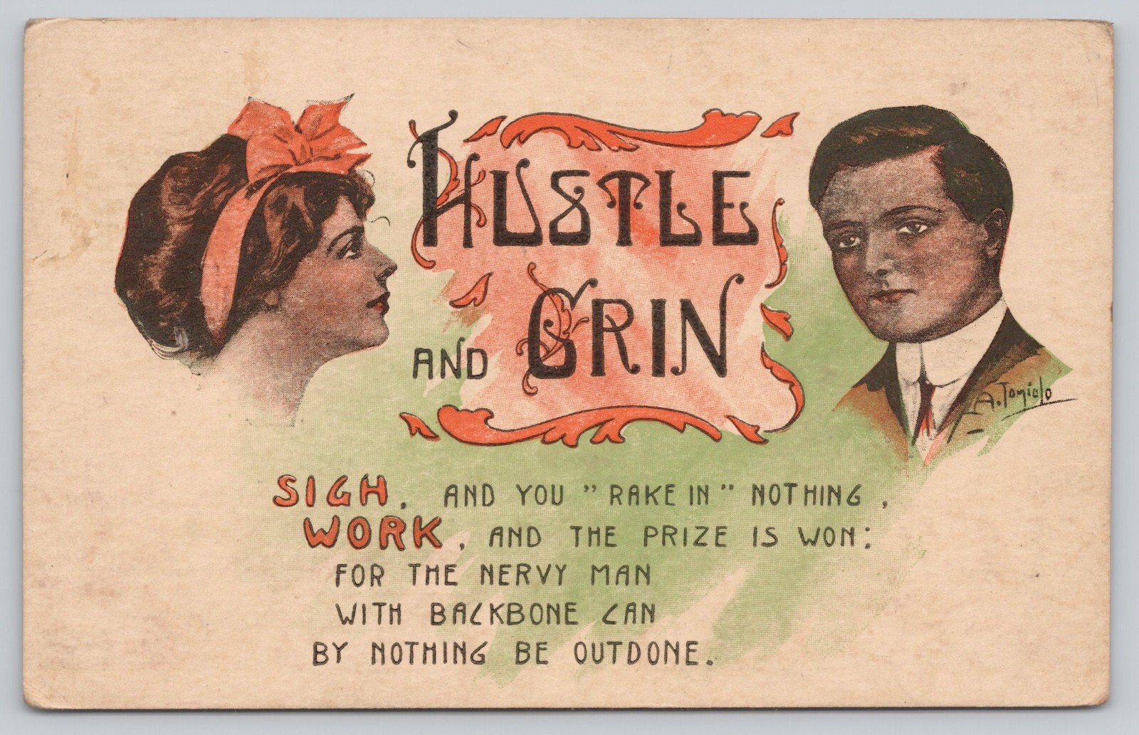 Postcard Comic Humor Hustle and Grin c 1911