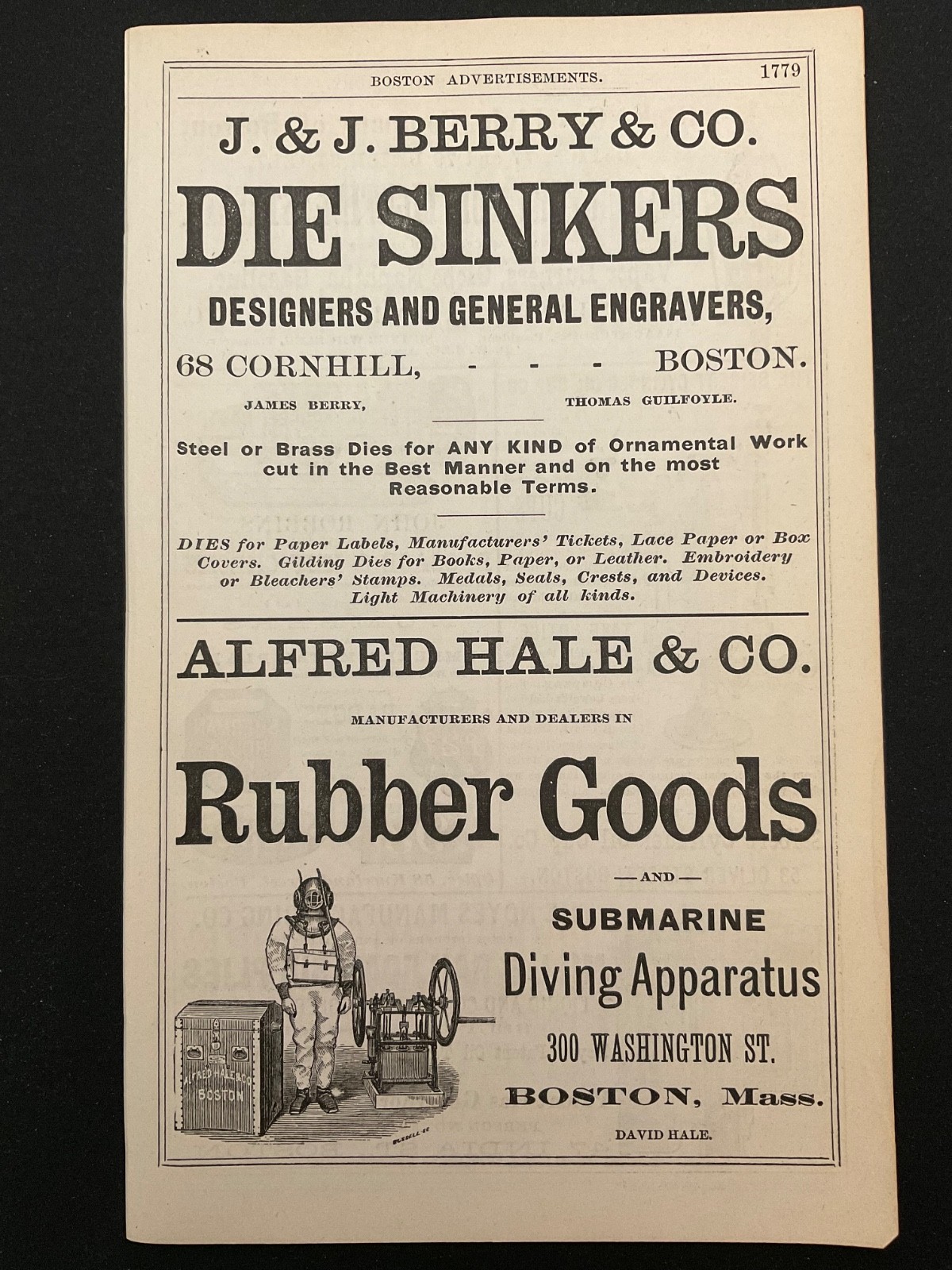 1883 Antique Ad Page Hale & Co. Submarine Diving, Globe Gas Light Co, Boston MA