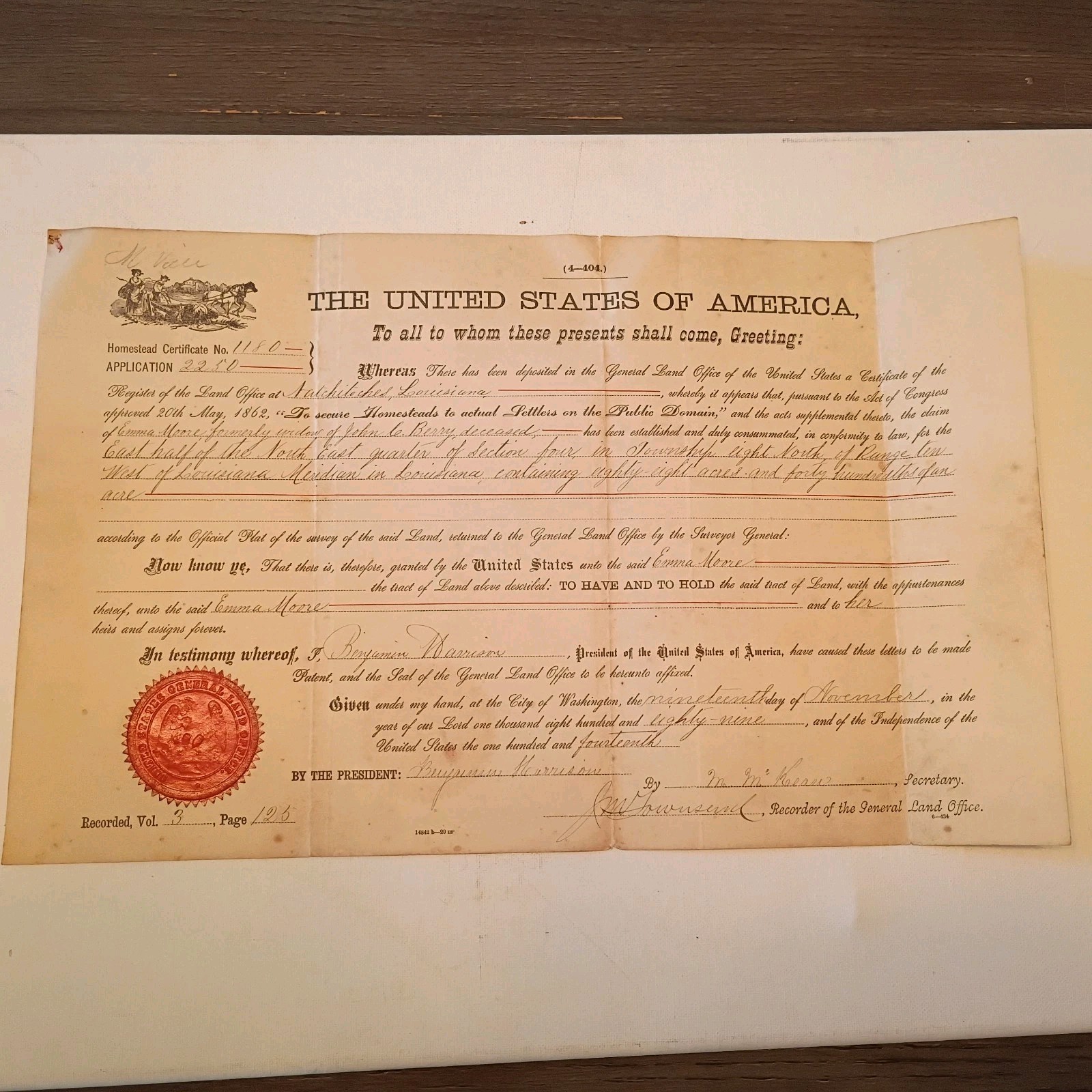 1889 Land Deed Homestead Signed By President Benjamin Harrison