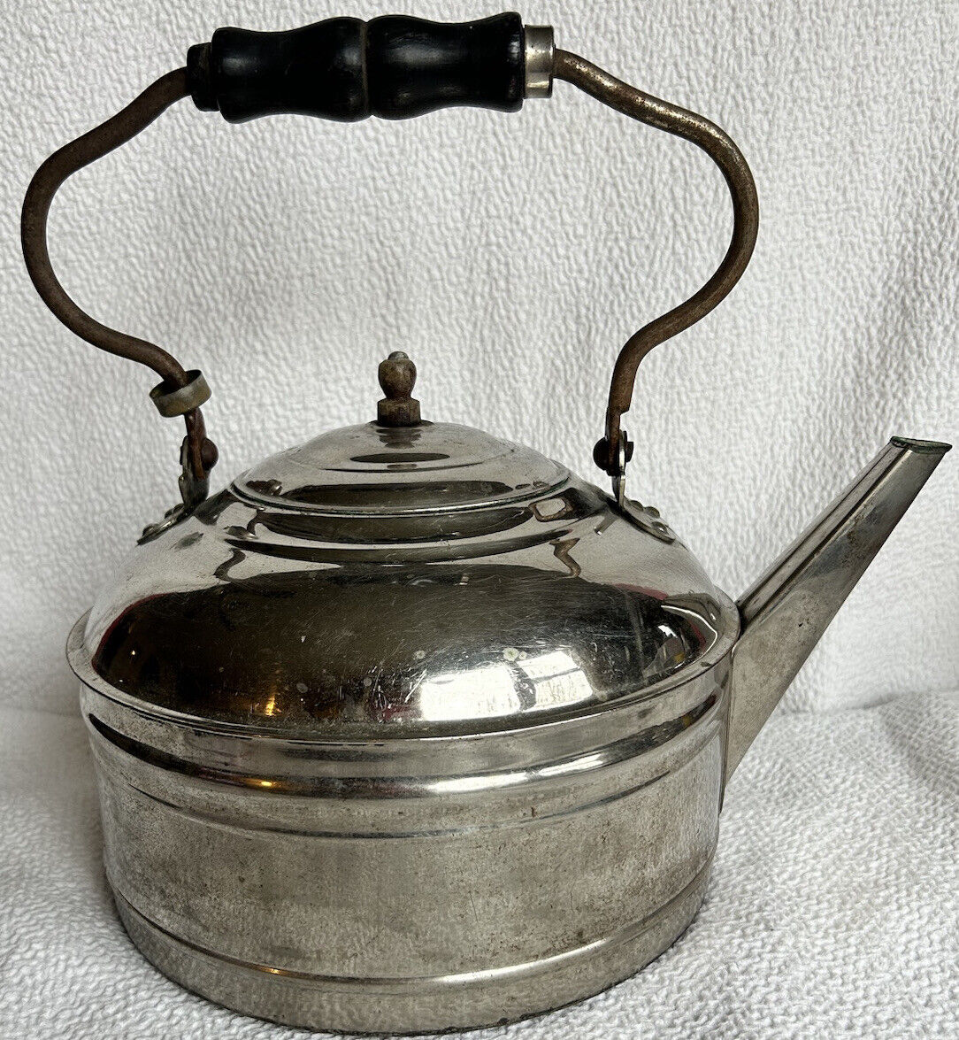 Antique 1898 Rome Metal Ware Large Nickel Plated Copper Kettle New York USA