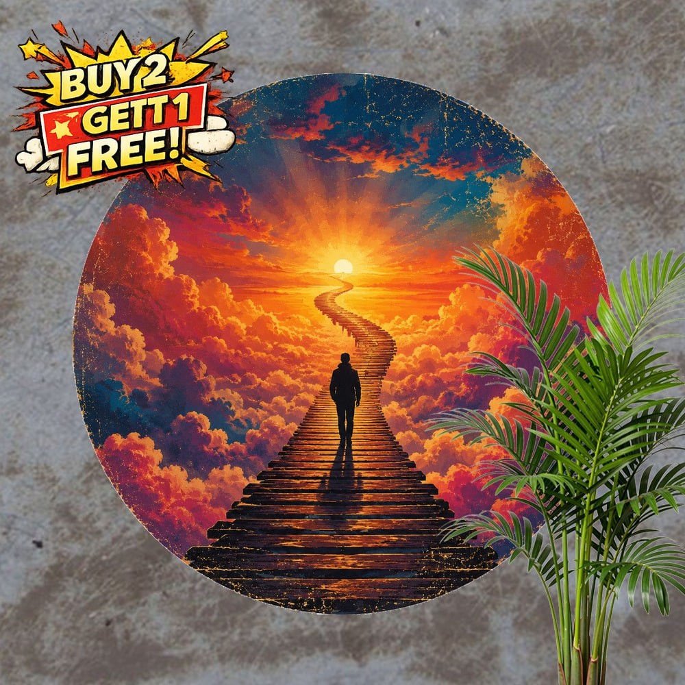 Matte Sunset Silhouette Round Metal Sign Vintage Scenic Wall Decor 8x8