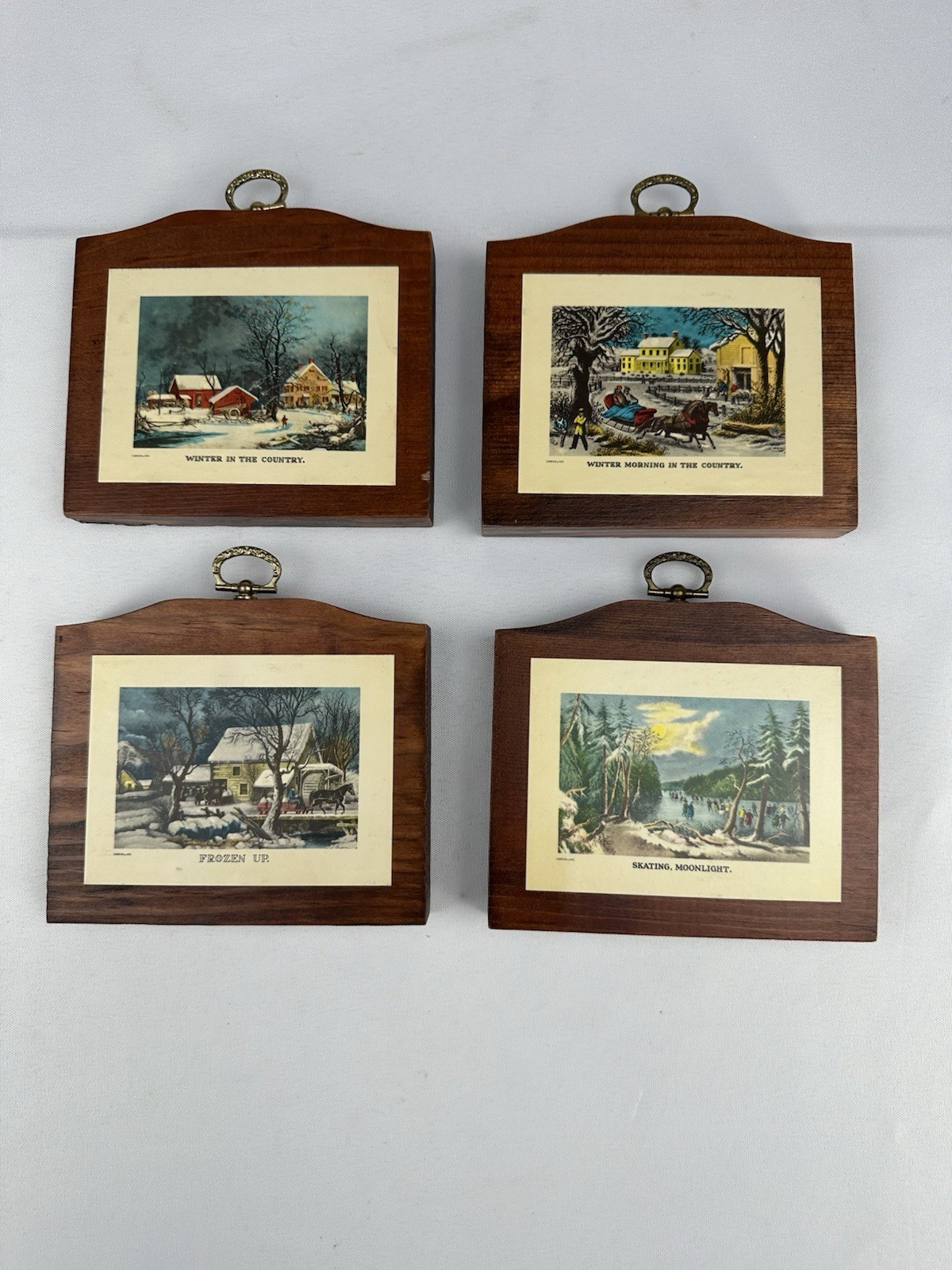 Vintage Currier & Ives Wooden Wall Hanging Plaques Set of 4 Winter Scenes