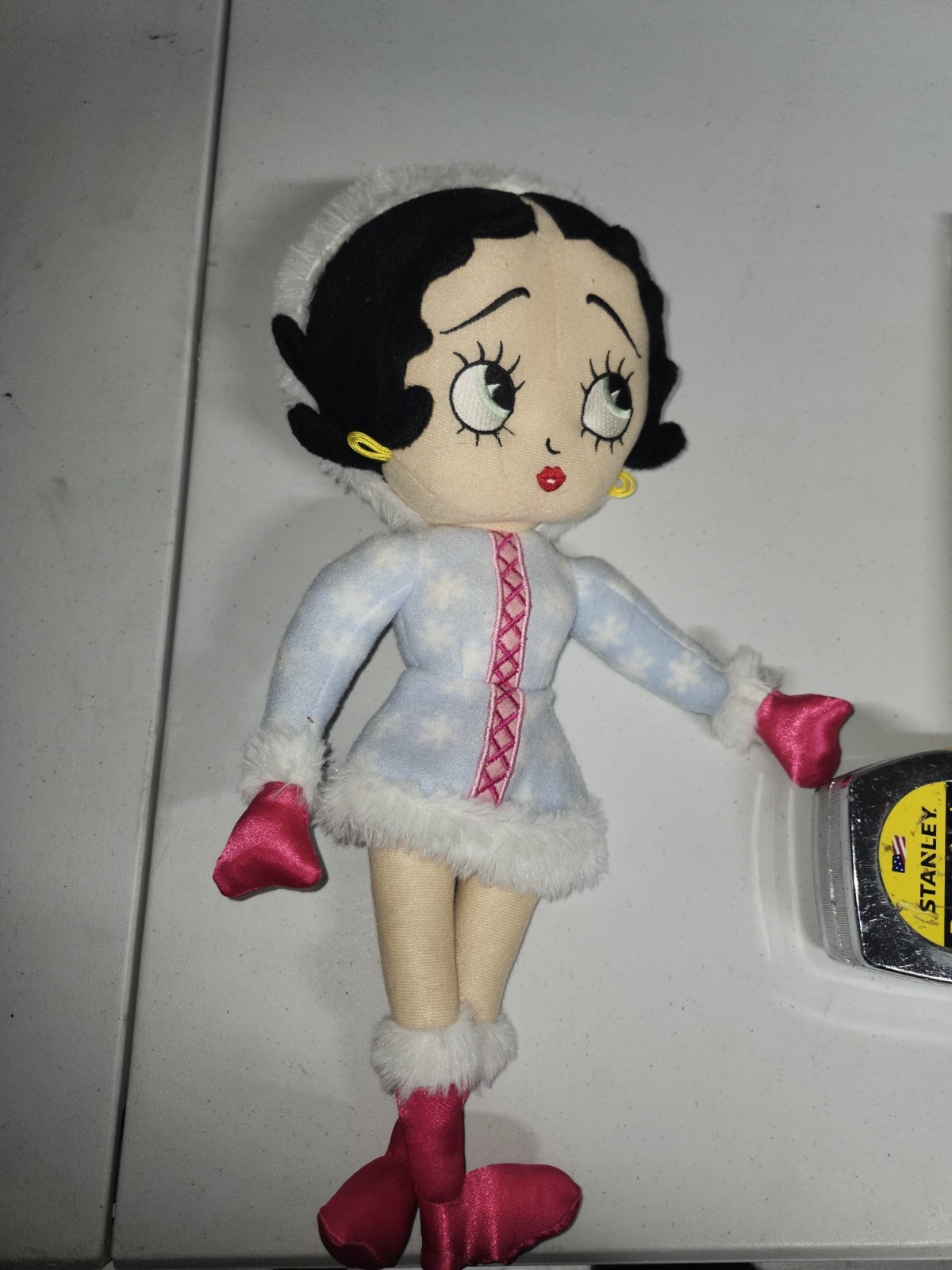 Vtg Betty Boop Plush Doll White Coat Pink Boots Black Hair 16 in Plush Fabric
