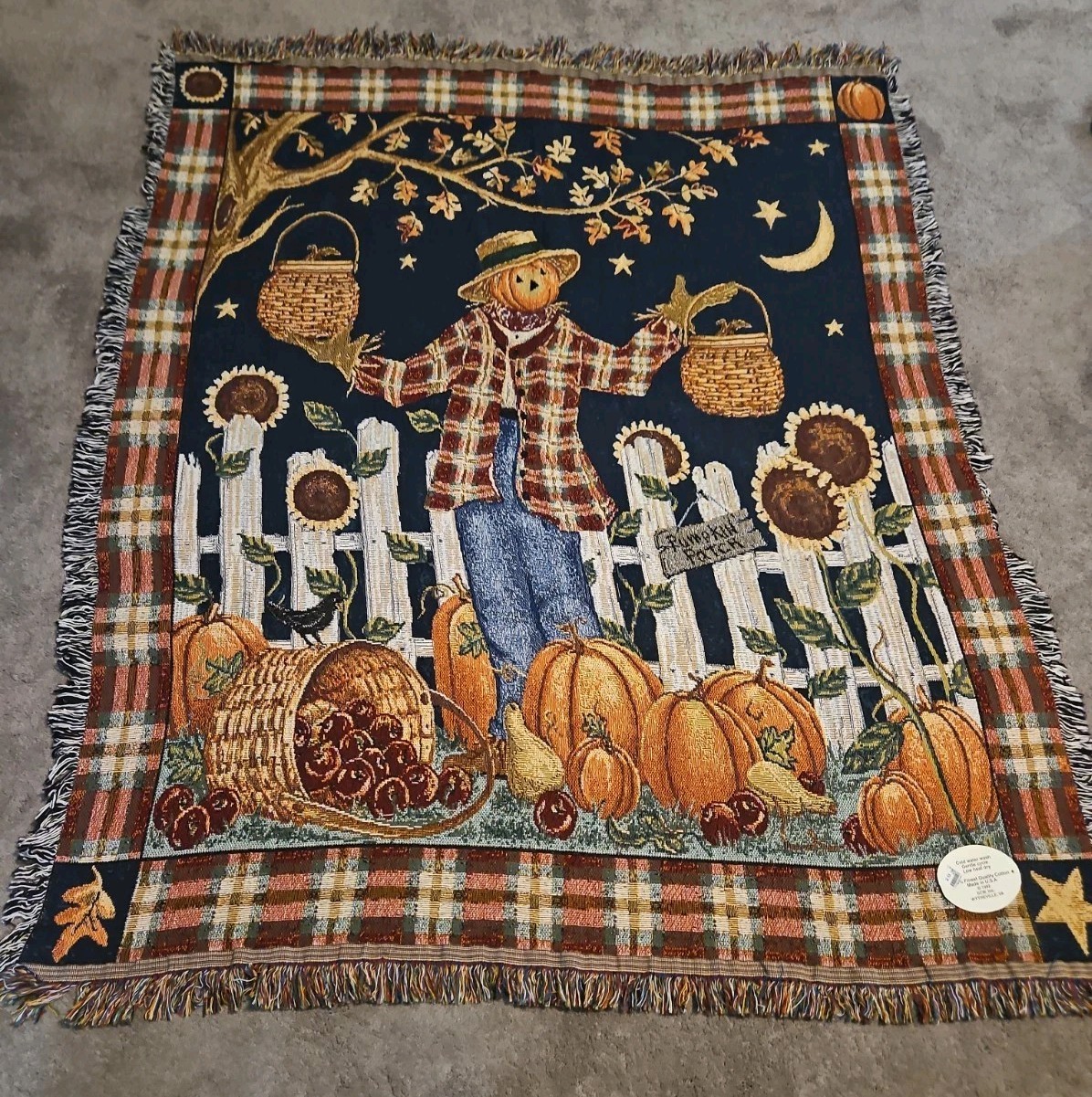 Vtg Classics Simply Country Tapestry Halloween Throw, Pumpkin Scarecrow,1992 NWT