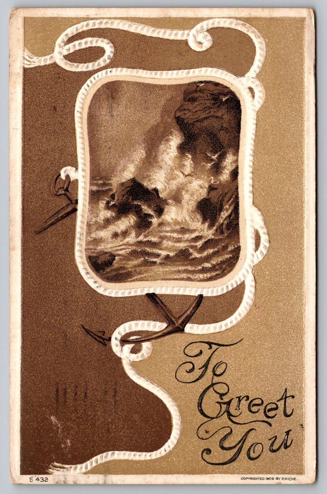Postcard Greetings Card To Greet You Ocean Themed W/Anchor On Rope VTG c1911  I5