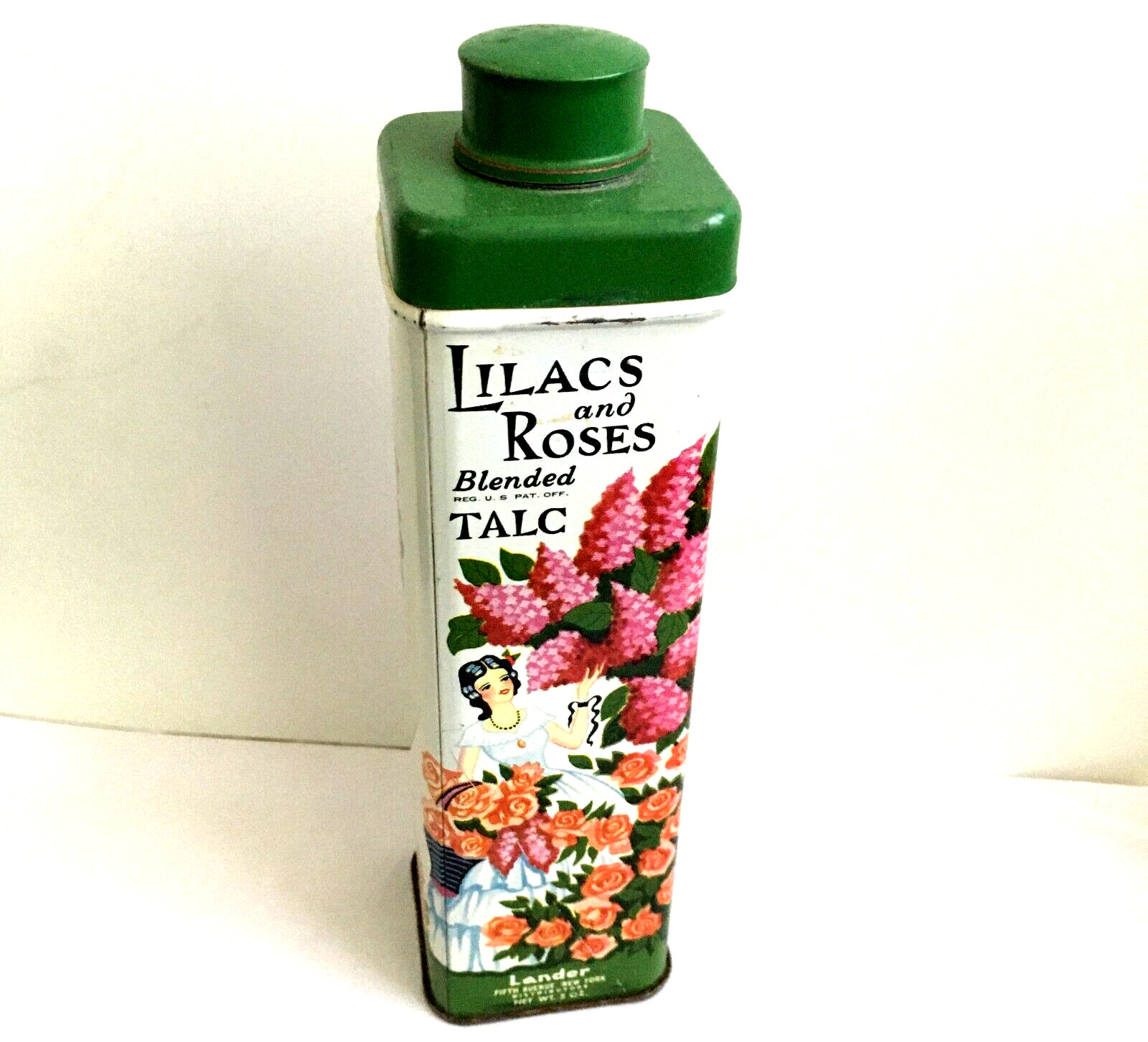 Vintage Lander's Lilac and Roses Blended Talc Powder Tin Container 5 OZ FULL