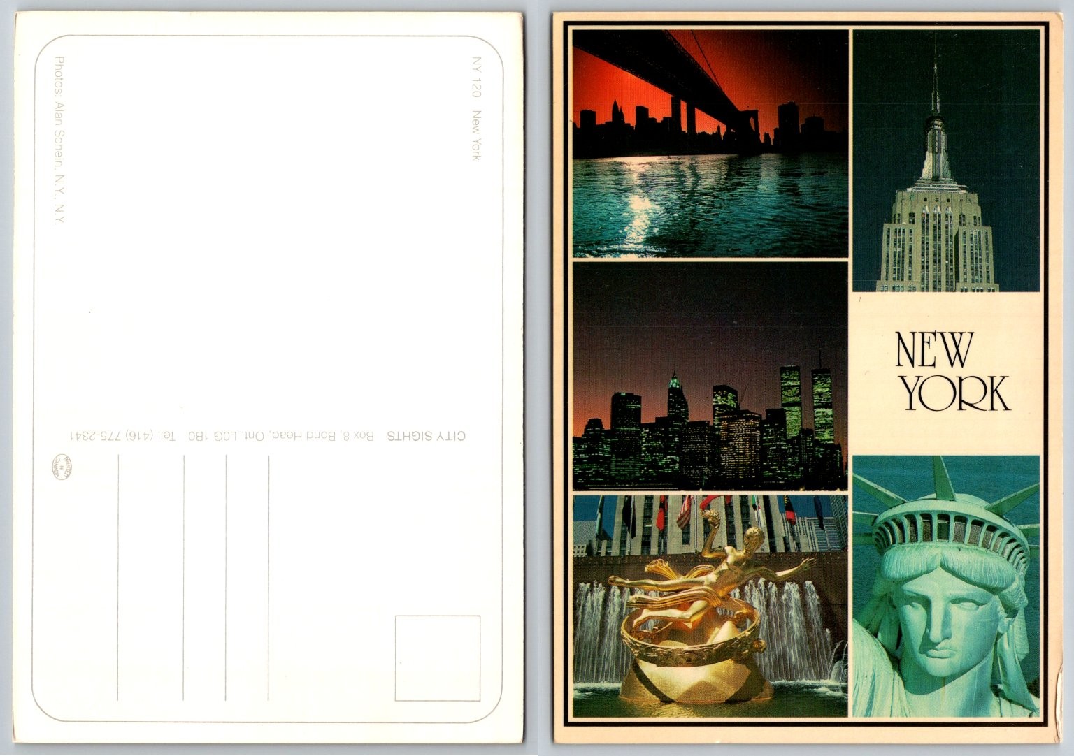 NYC City Sights Postcard WTC Twin Towers Statue of Liberty Alan Schein Photos