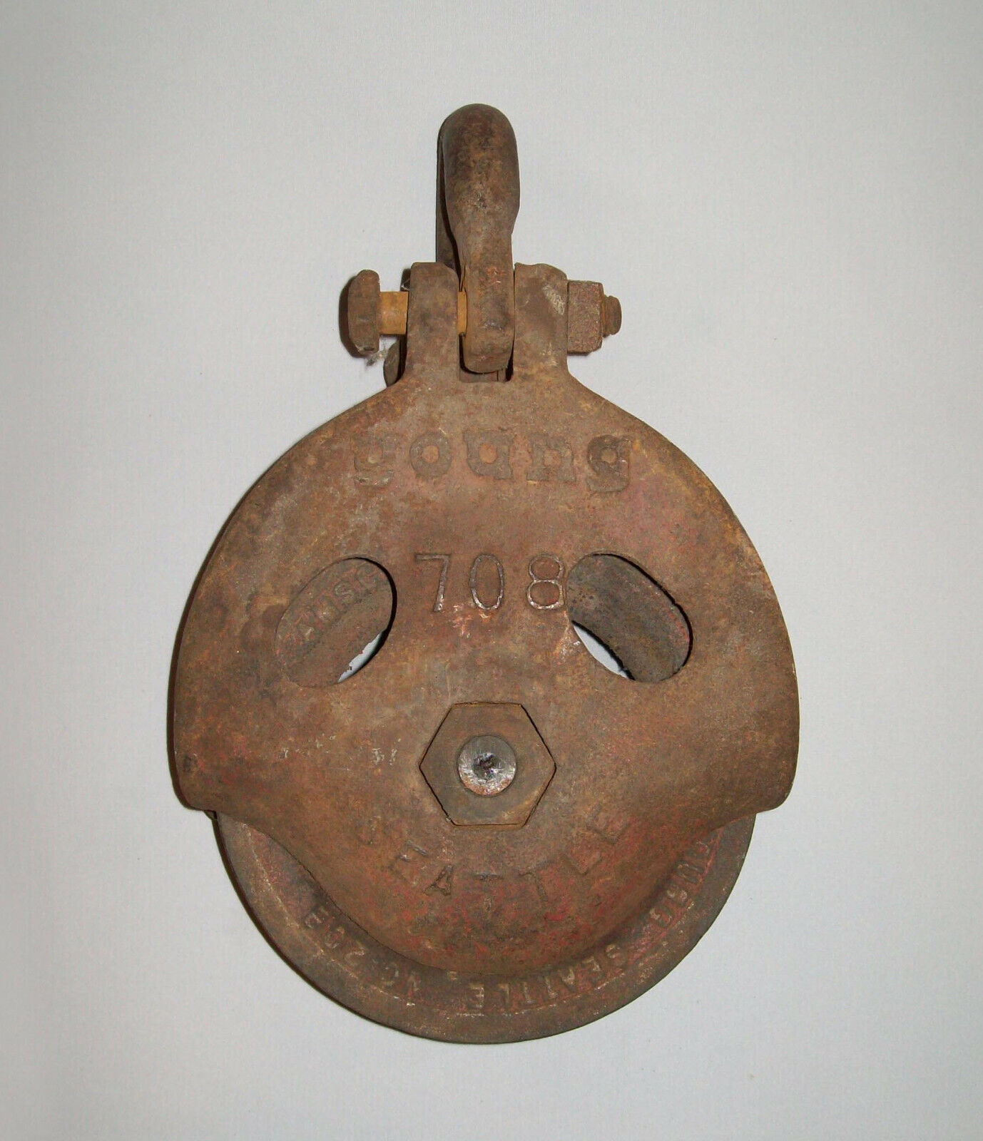 Old Antique Vtg Ca 1900\'s Cast Iron Young 708 Seattle Pulley Mans Grinning Face
