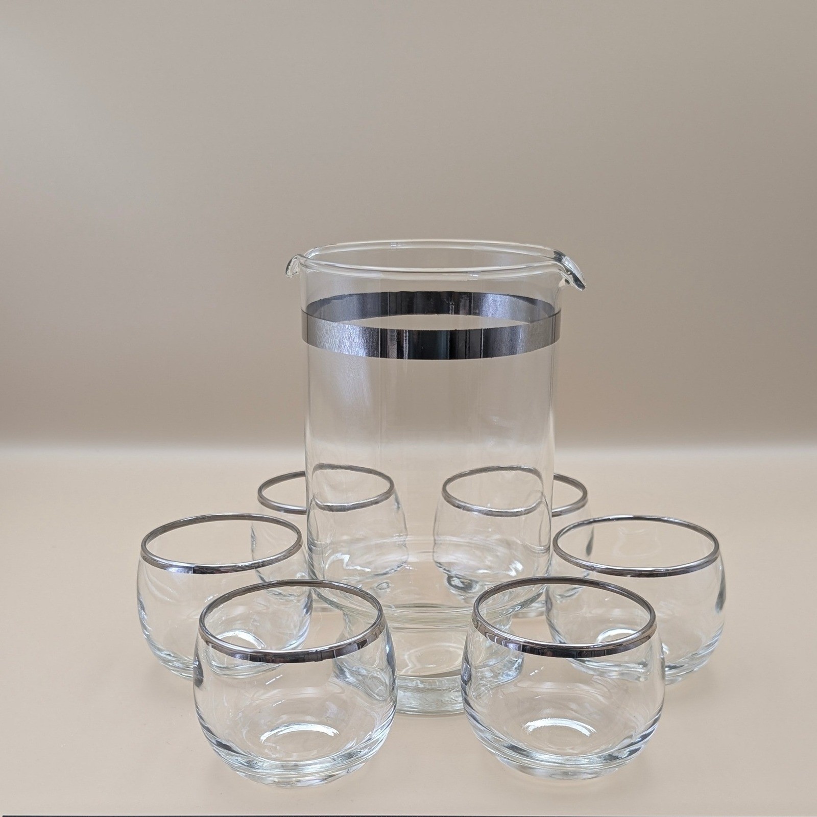 Vintage MCM Silver Rim Glass Pitcher and 6 Roly Poly Glasses