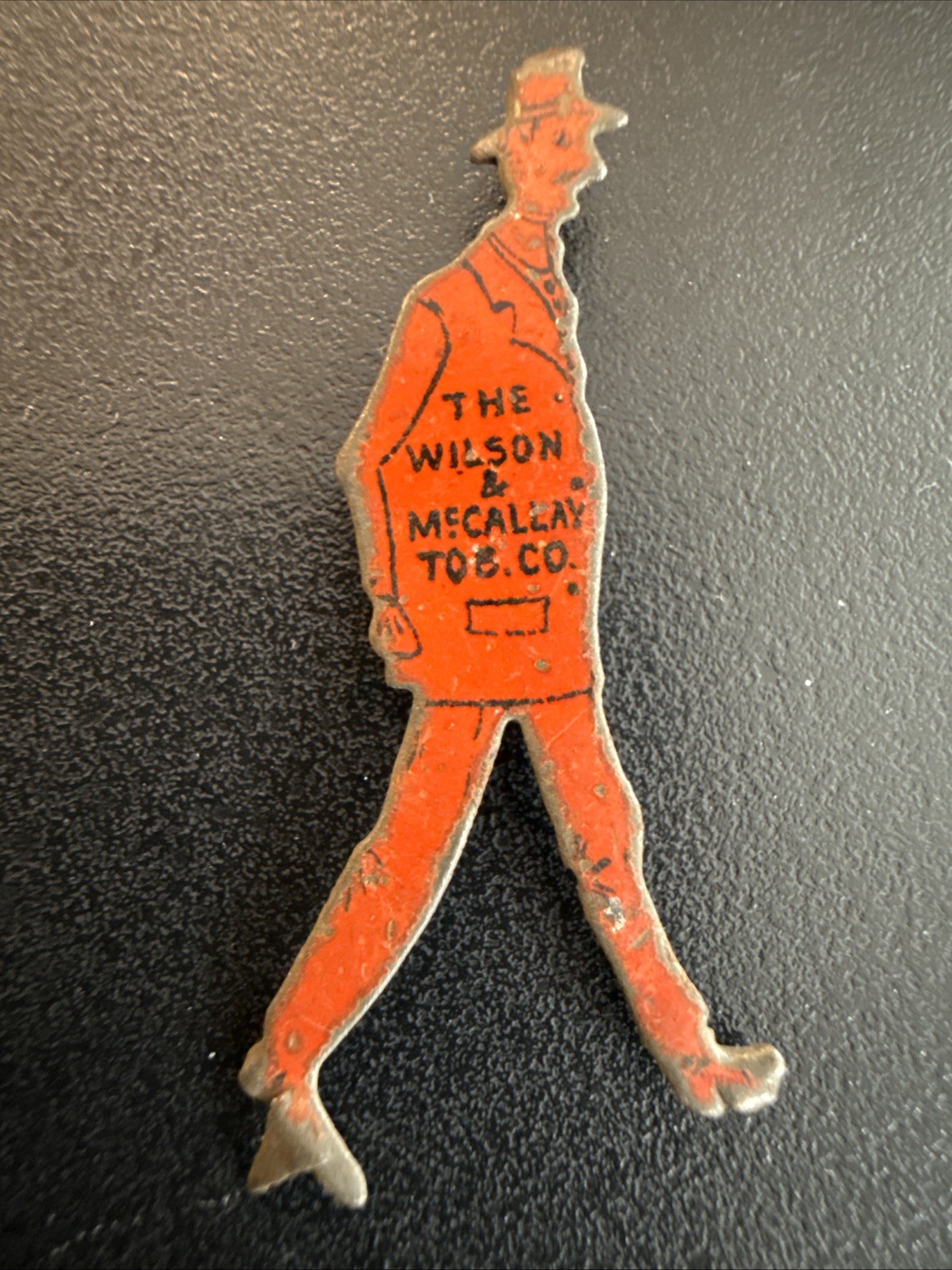 Antique Wilson & McCallay Tobacco Co. Figural Tin Tag Vintage Tab Advertising