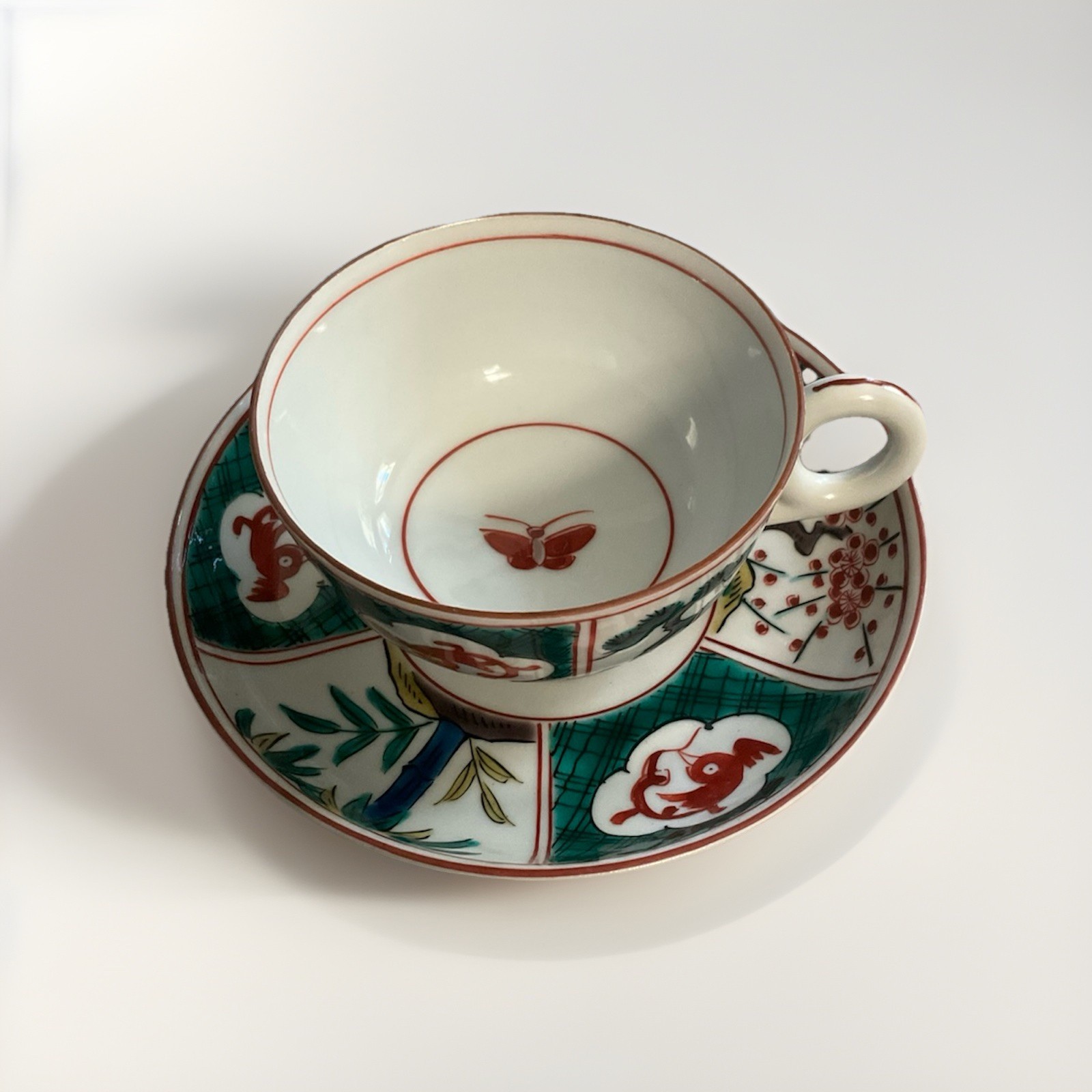 Vintage Japanese Kutani Porcelain Cup and Saucer Set Fuku Mark Pine Bamboo Plum