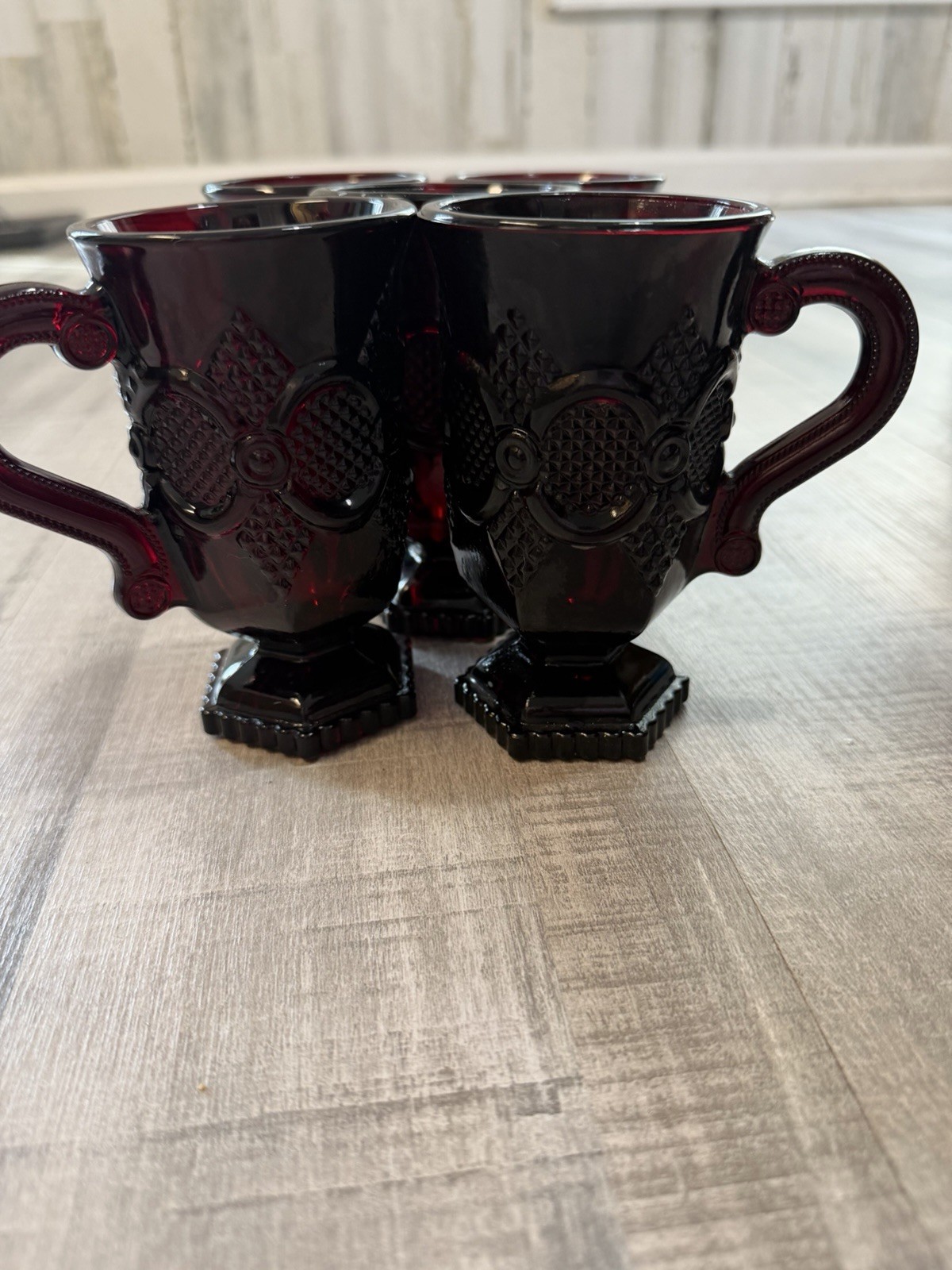 Vintage Avon 1876 Cape Cod Ruby Red Glass Footed Mugs Cups Set of 5