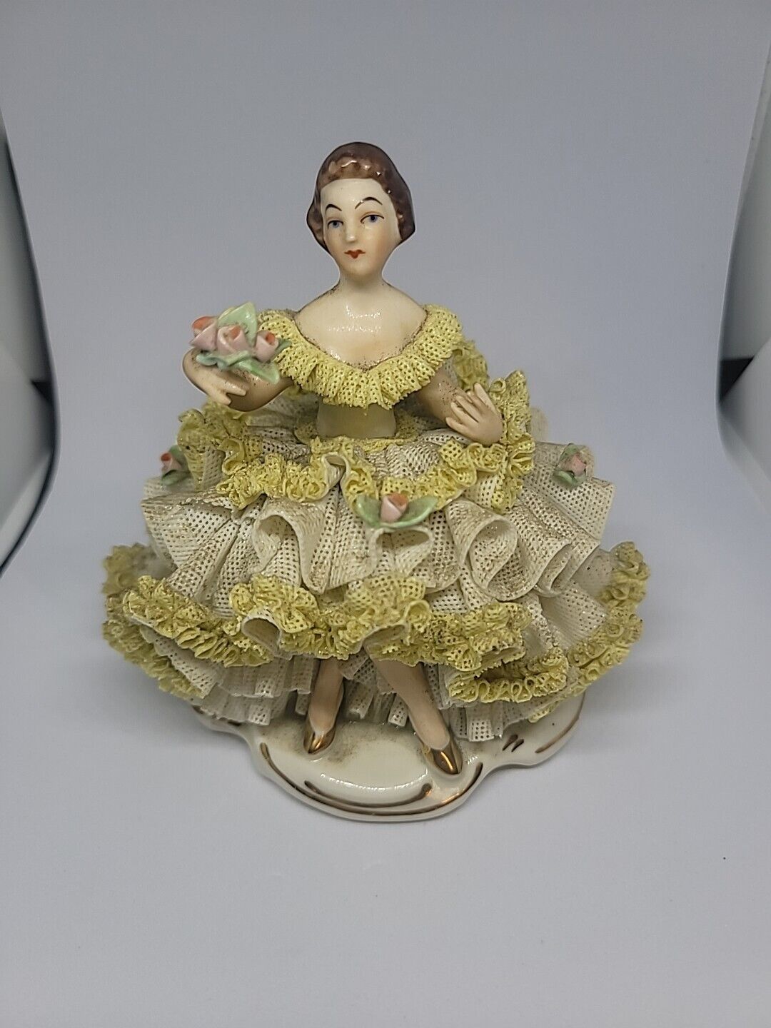 Dresden porcelain lace figurine Germany Stamped Antique Yellow Dress Woman 4.5