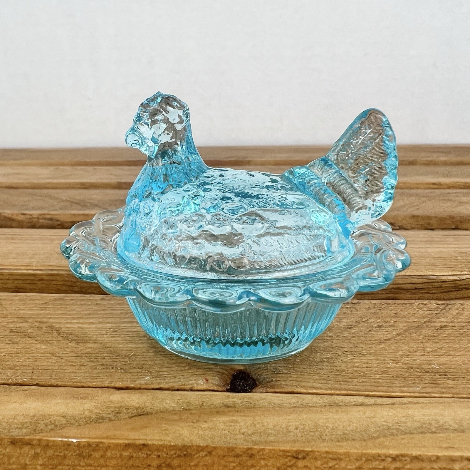 Mosser Glass Mini Hen on Nest Light Blue Salt Cellar Chicken Manganese Glow