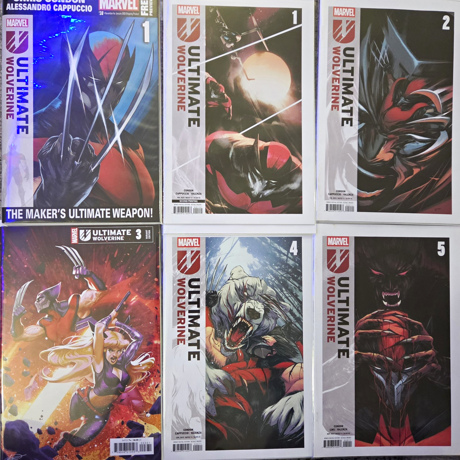 Marvel Ultimate Wolverine #1-5 Comic Lot w/ Free Previews, 2nd Print, Variant