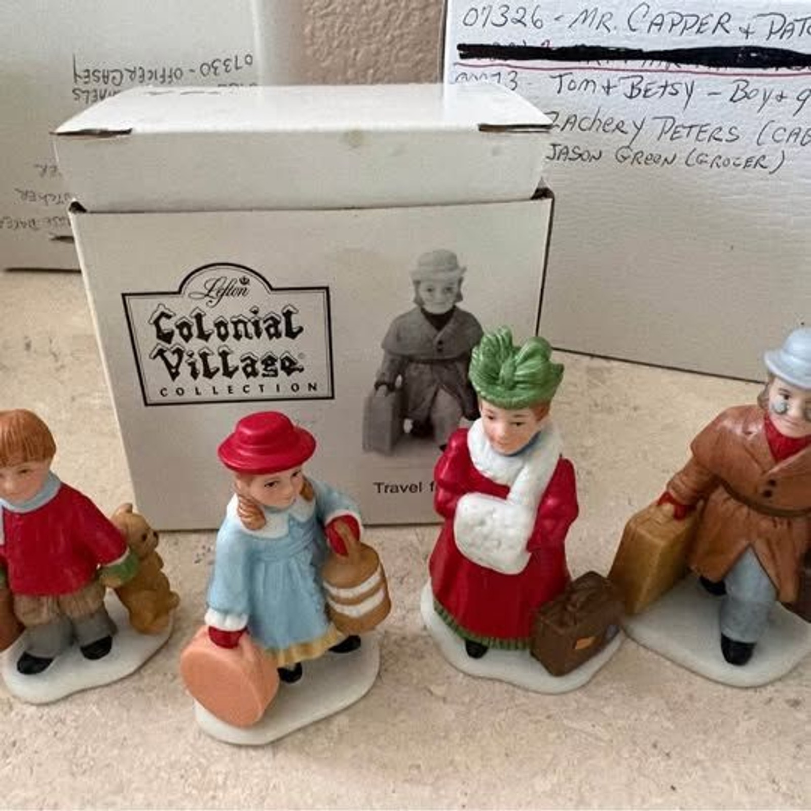 4 piece Lefton Colonial Village Travel Family Girl boy mom dad #11281  (u16)