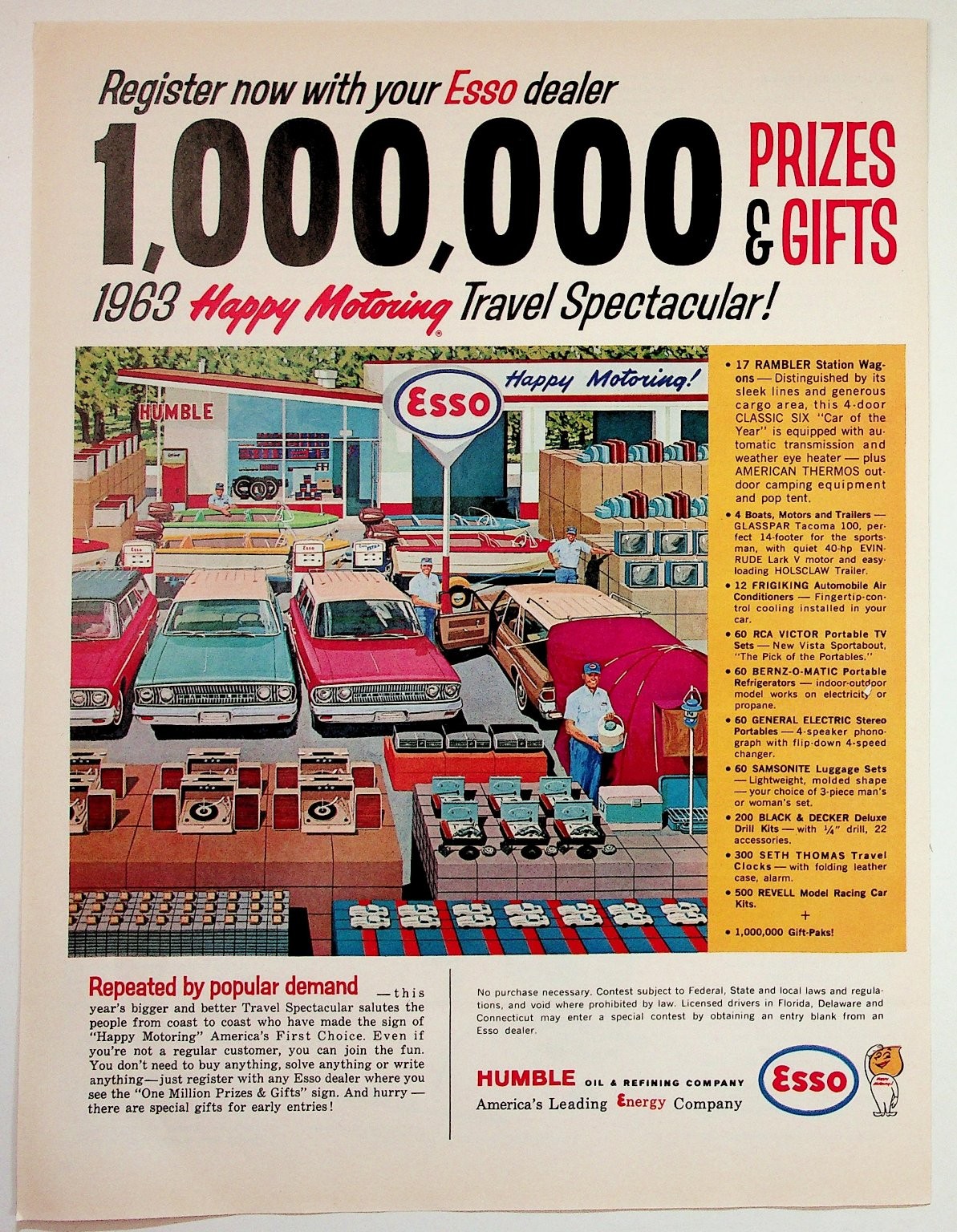 1963 Esso Happy Motoring Travel Spectacular Vintage Magazine Ad Cars Prizes