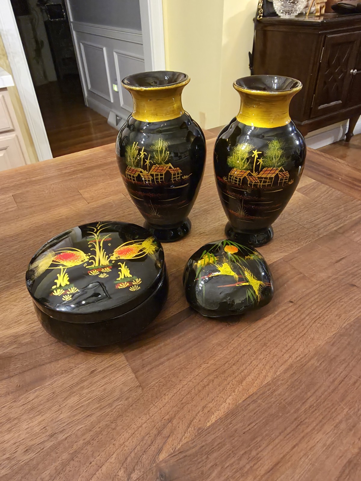 Set of MCM Vietnam Black Lacquer Wood Vases, Stone Rock and Trinket Box