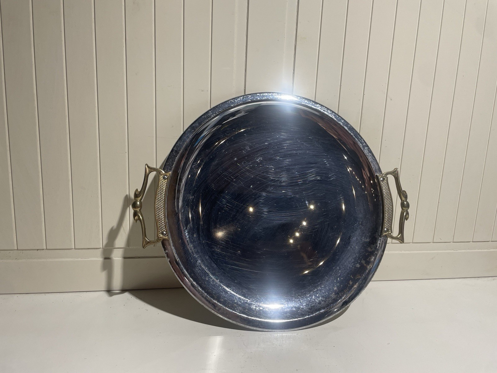 Vtg 1950s Kromex Chrome Round Serving Tray Brass Handles Lazy Susan Platter USA