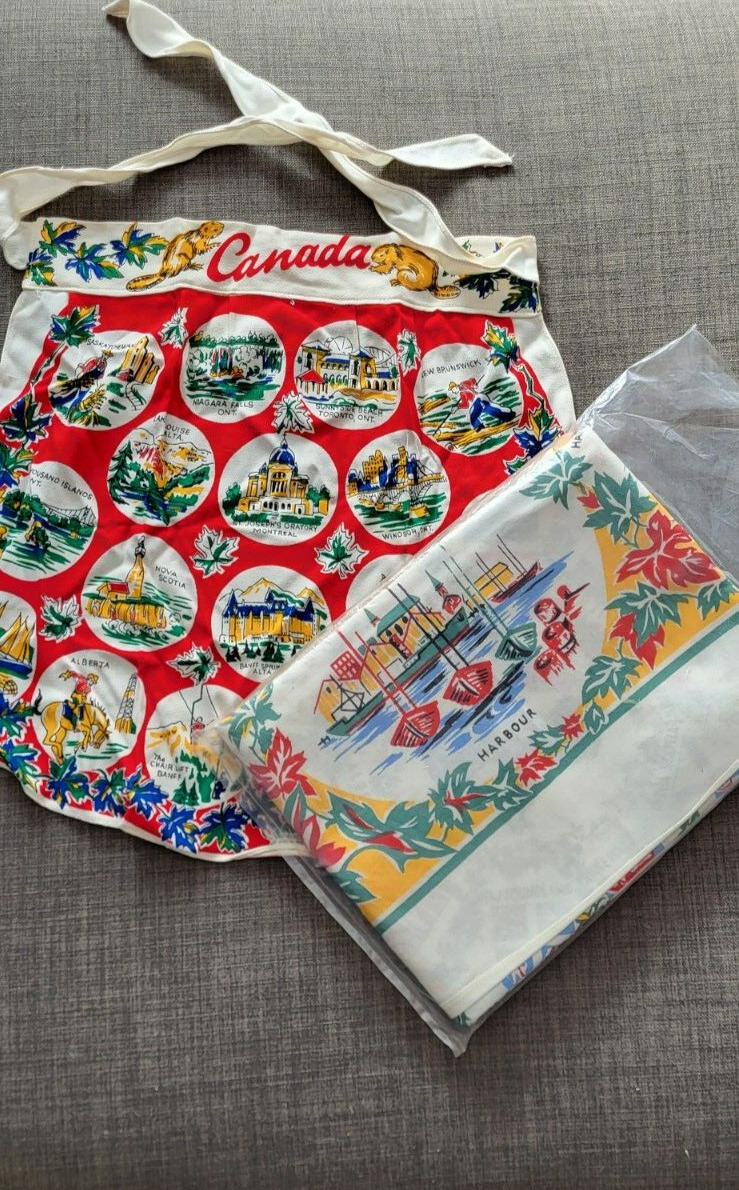 NEW Vintage Canada Souvenir Linen Tablecloth & Apron Canadian Provinces