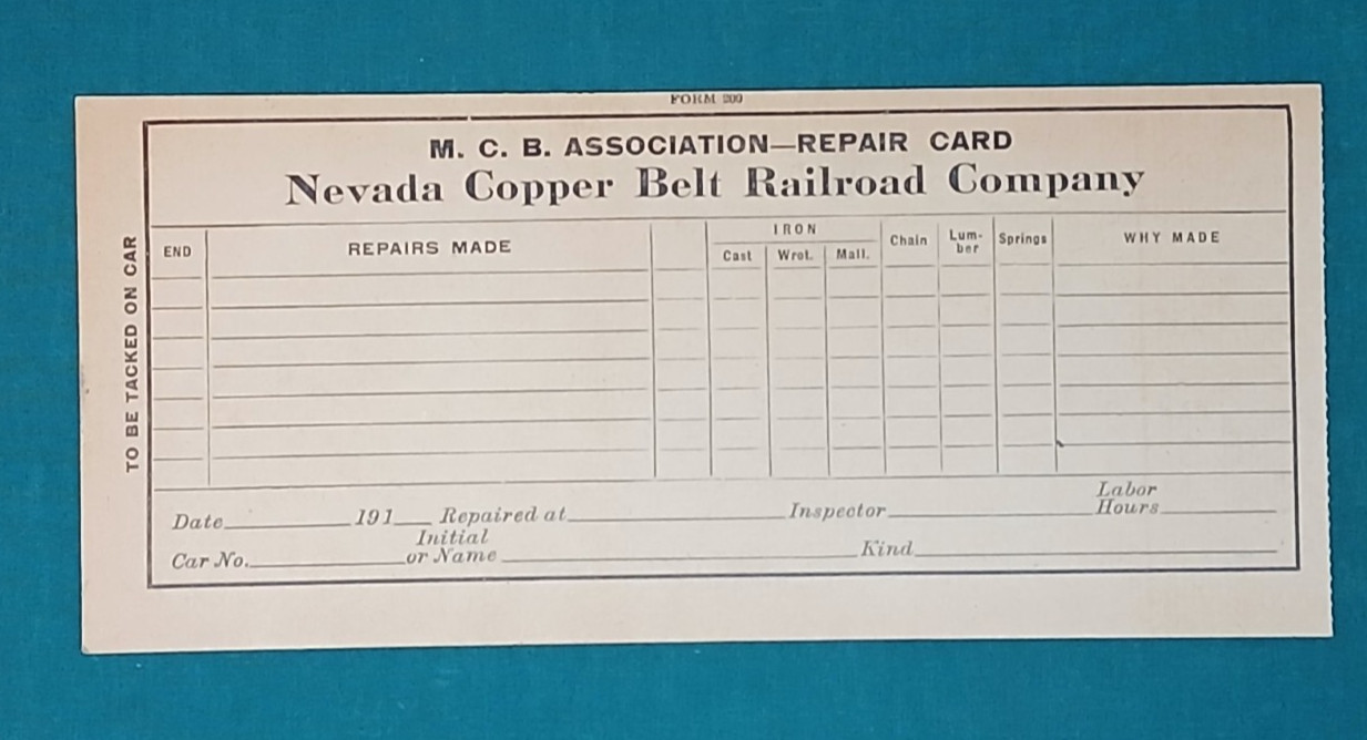 1910s NEVADA COPPER BELT RAILROAD M.C.B. Repair Card Placard
