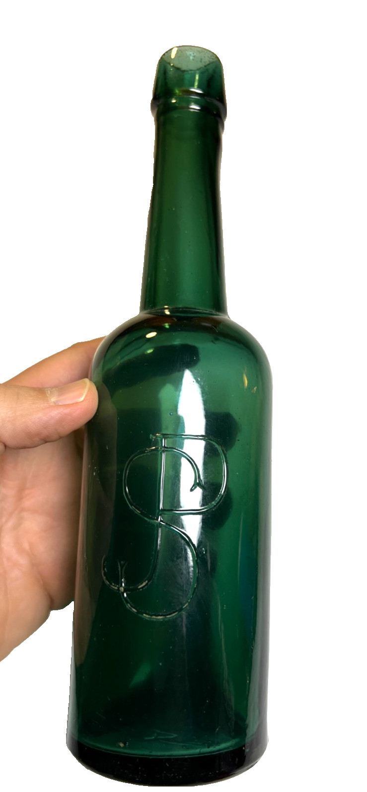 Antique JSP Medicinal Malt Bottle Emerald Green Applied Glass Monogram New York