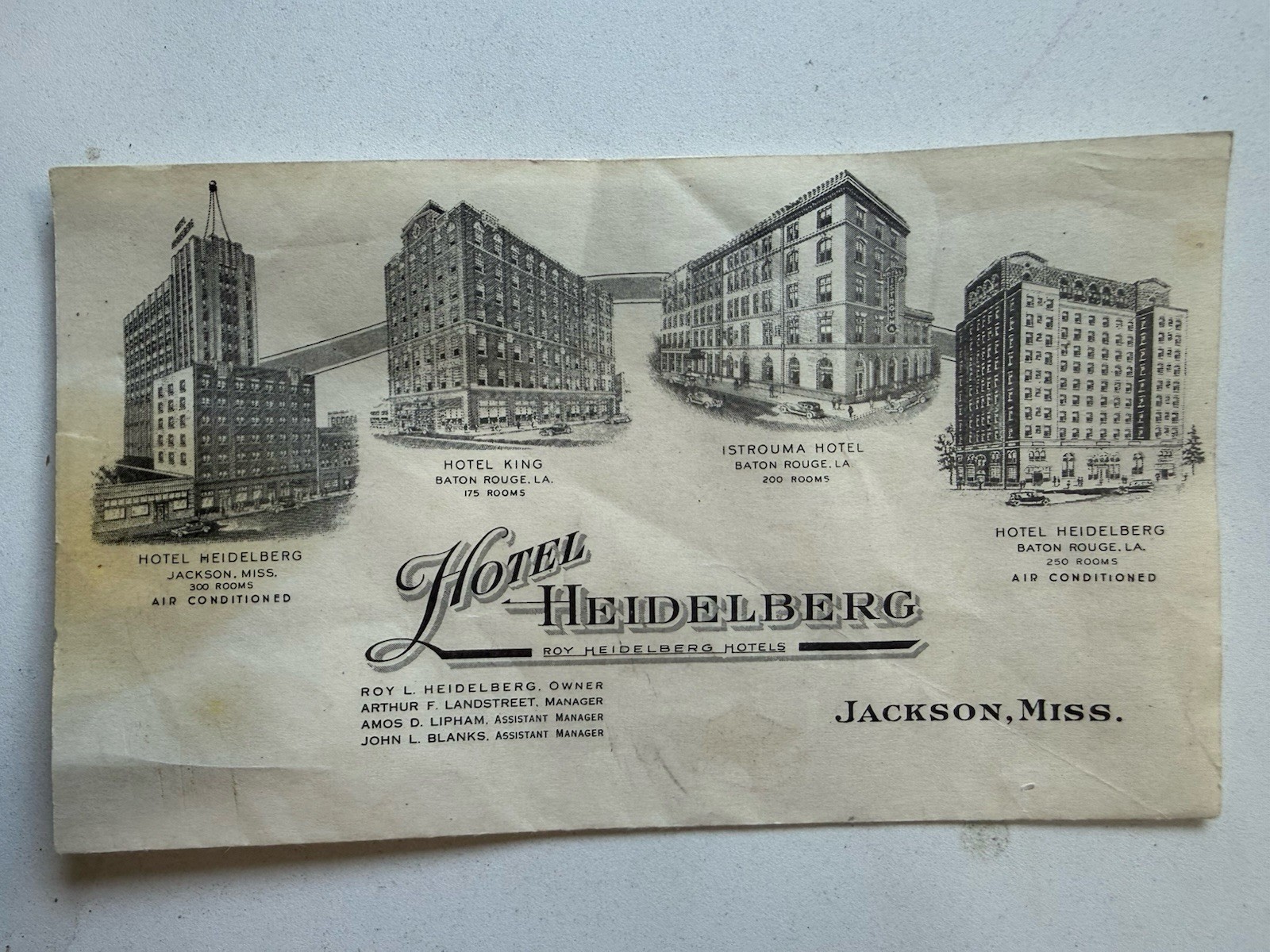 Vintage 1940s Roy Heidelberg Hotels Letterhead Jackson MS Baton Rouge LA