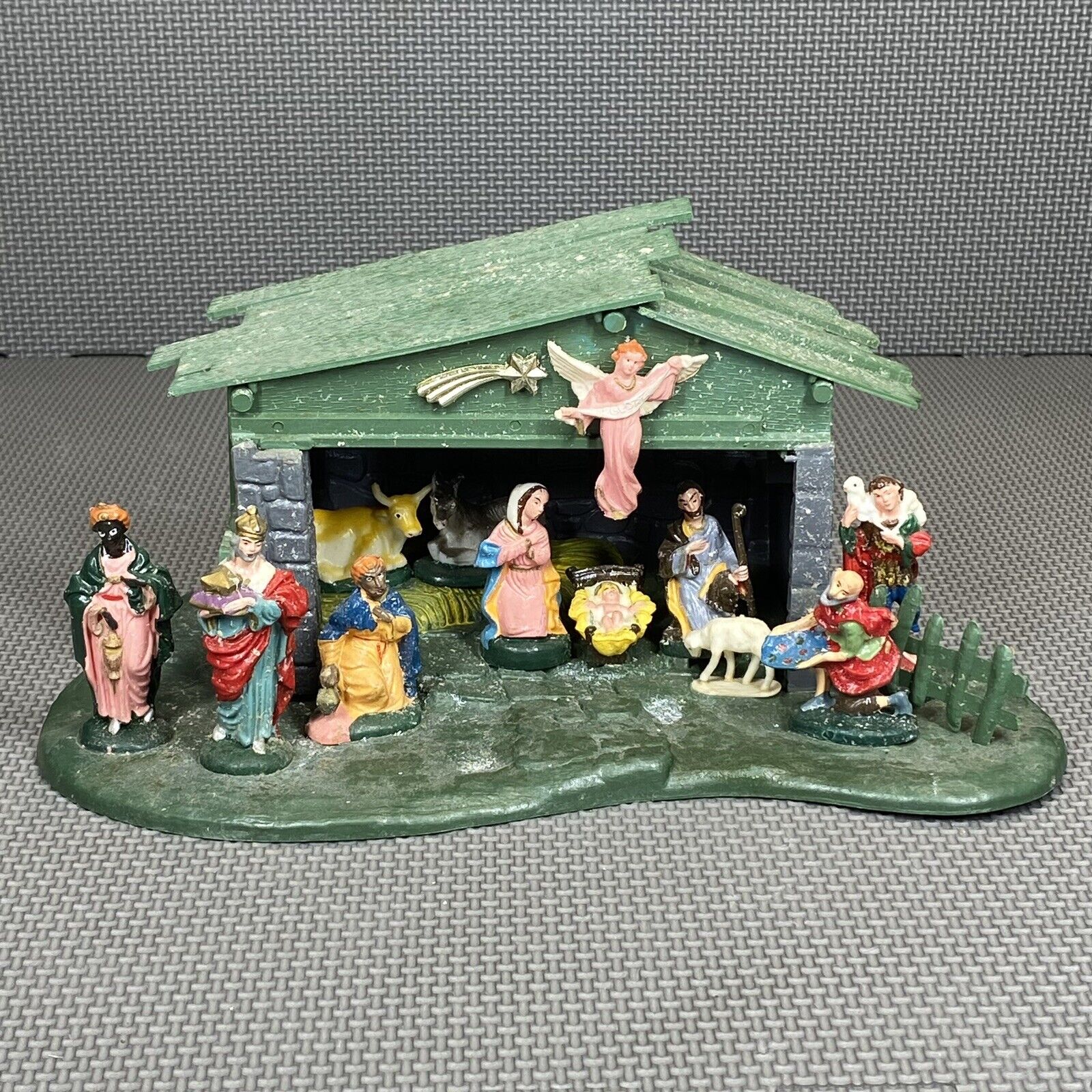 Vintage Nativity Scene Hand Painted Plastic Manger Miniature Christmas Jesus 60s