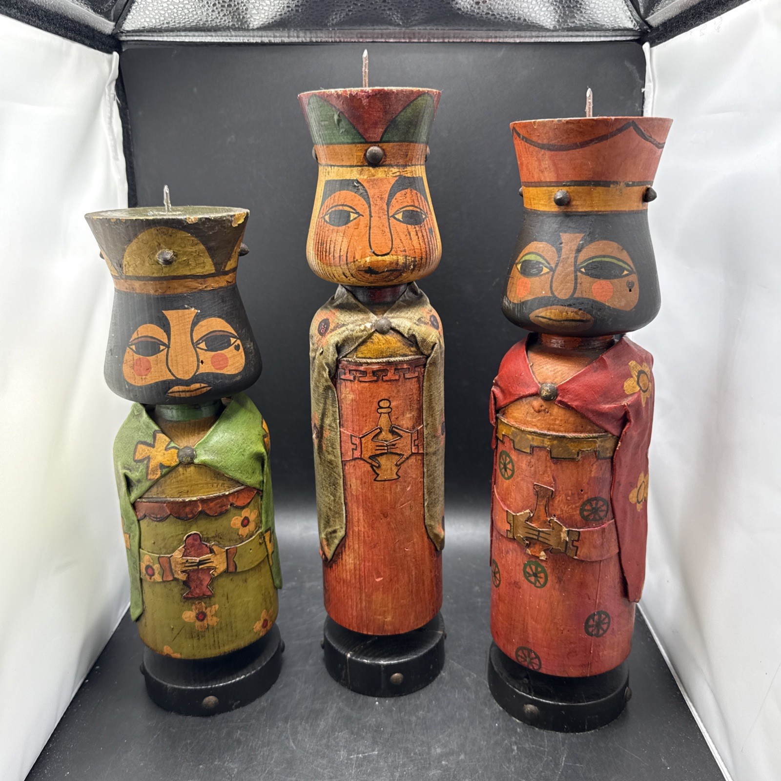 Rare Vintage Gustavo Mexico Hand Carved MCM Folk Art Candle Hold Set Of 3