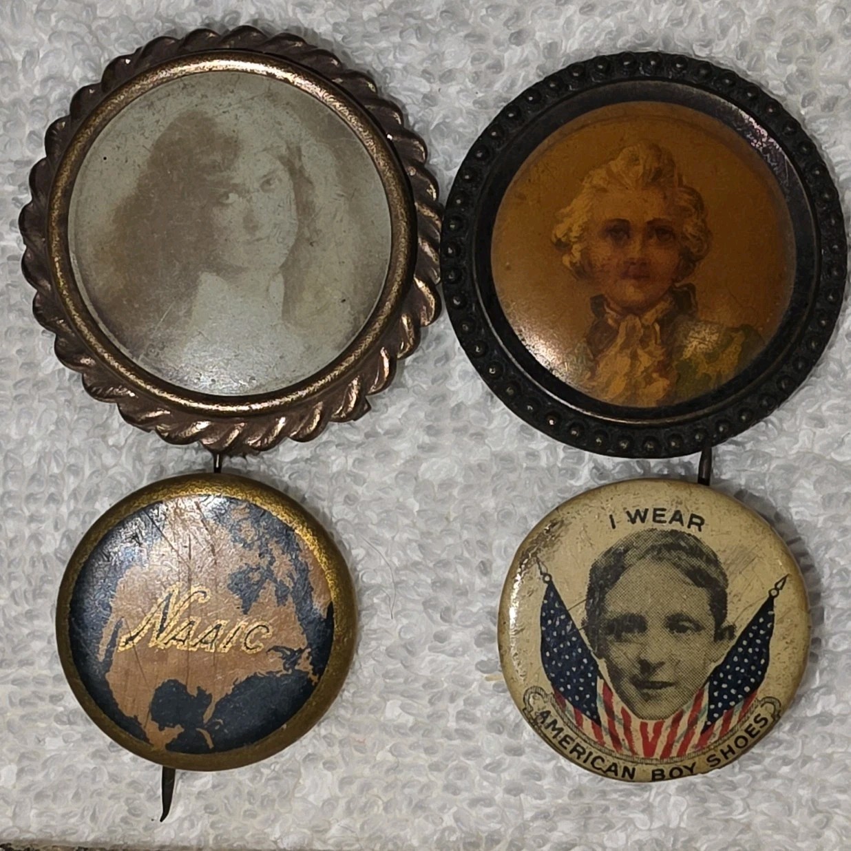 Antique Celluloid Pin Lot American Boy Shoes Flag Pulver Bastian Bros Portrait