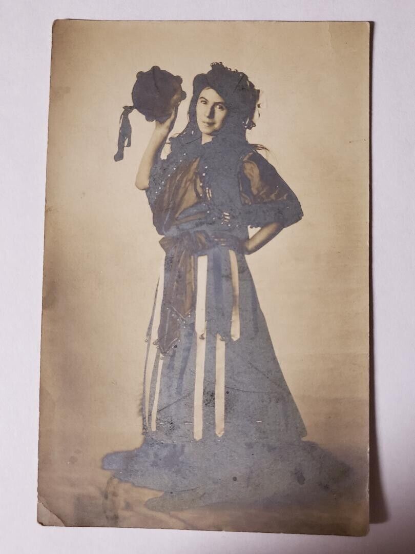 Antique Pretty Gypsy Girl with Tambourine Gelatin Silver AZO RPPC Photo Postcard